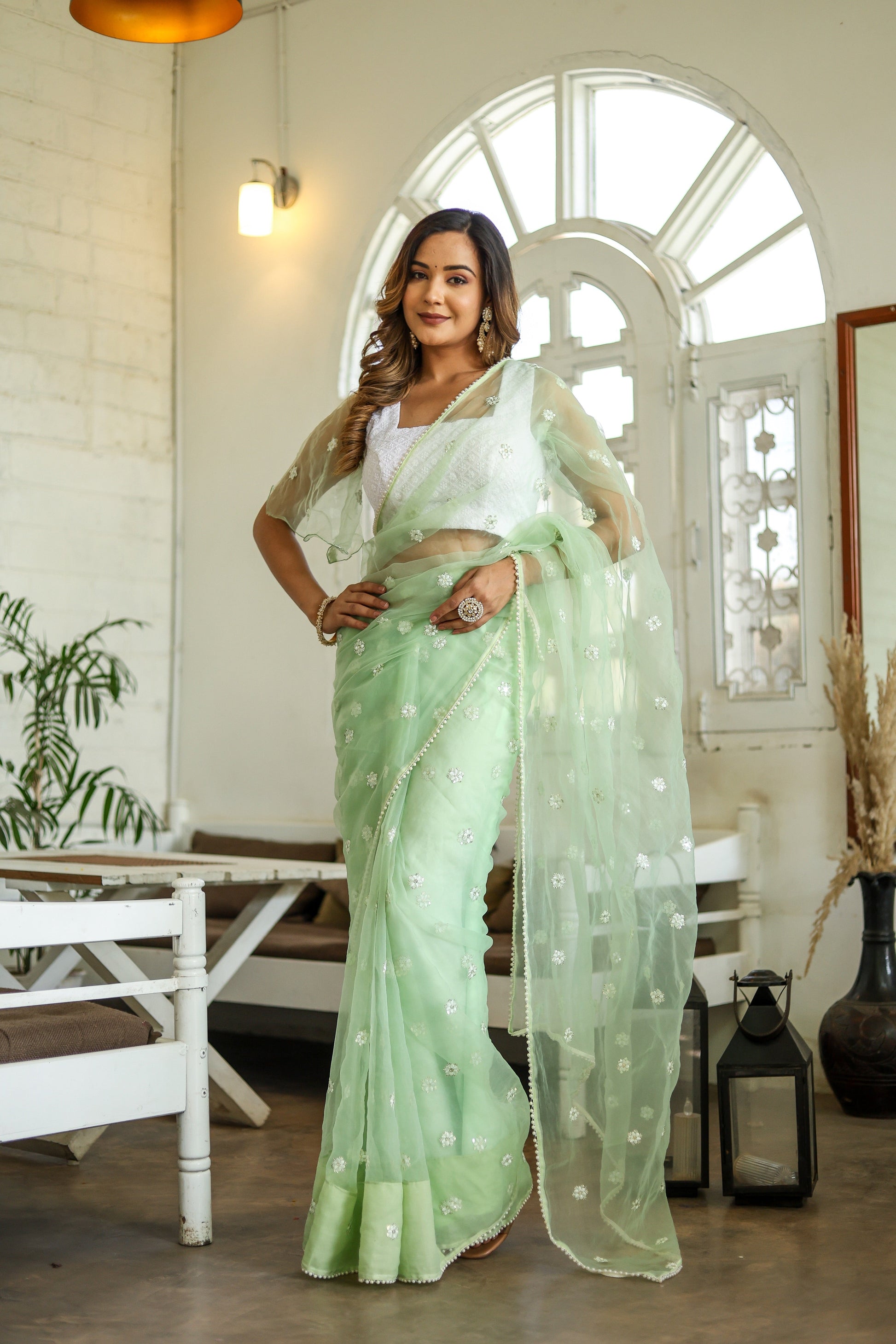 Unique Green Silk Organza Saree Embroidered Buttis Geometric Pearl Lace