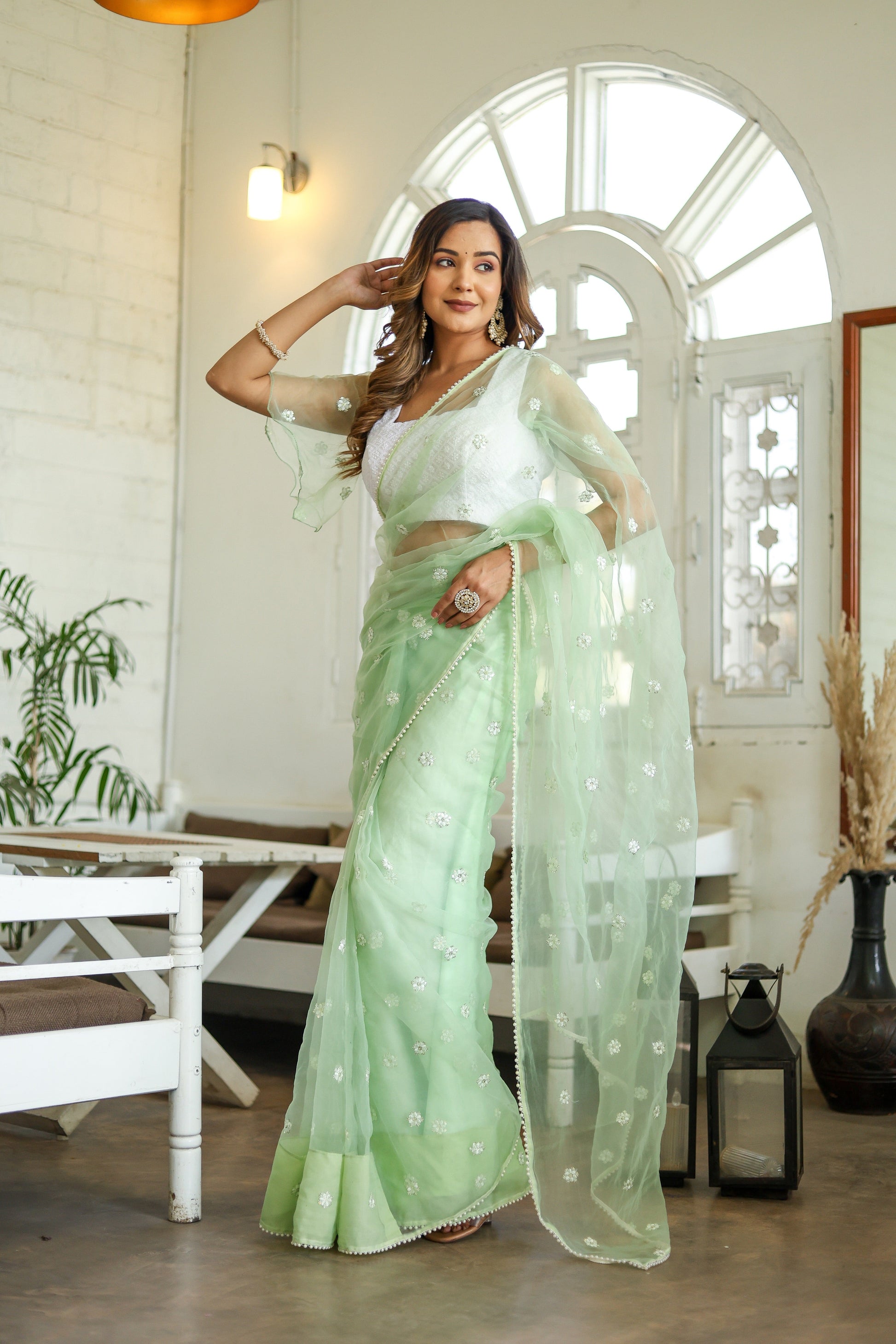 Unique Green Silk Organza Saree Embroidered Buttis Geometric Pearl Lace