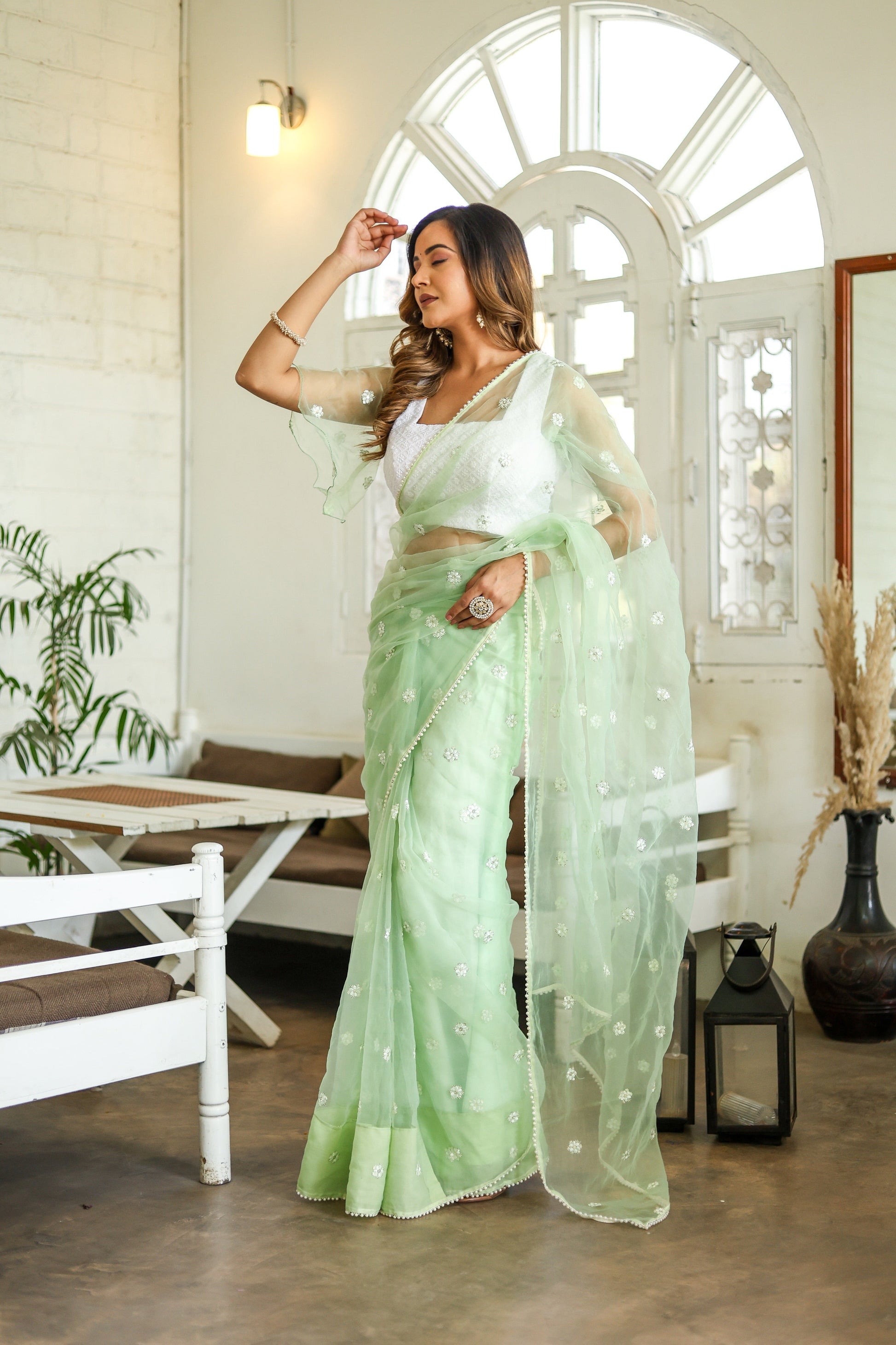 Unique Green Silk Organza Saree Embroidered Buttis Geometric Pearl Lace