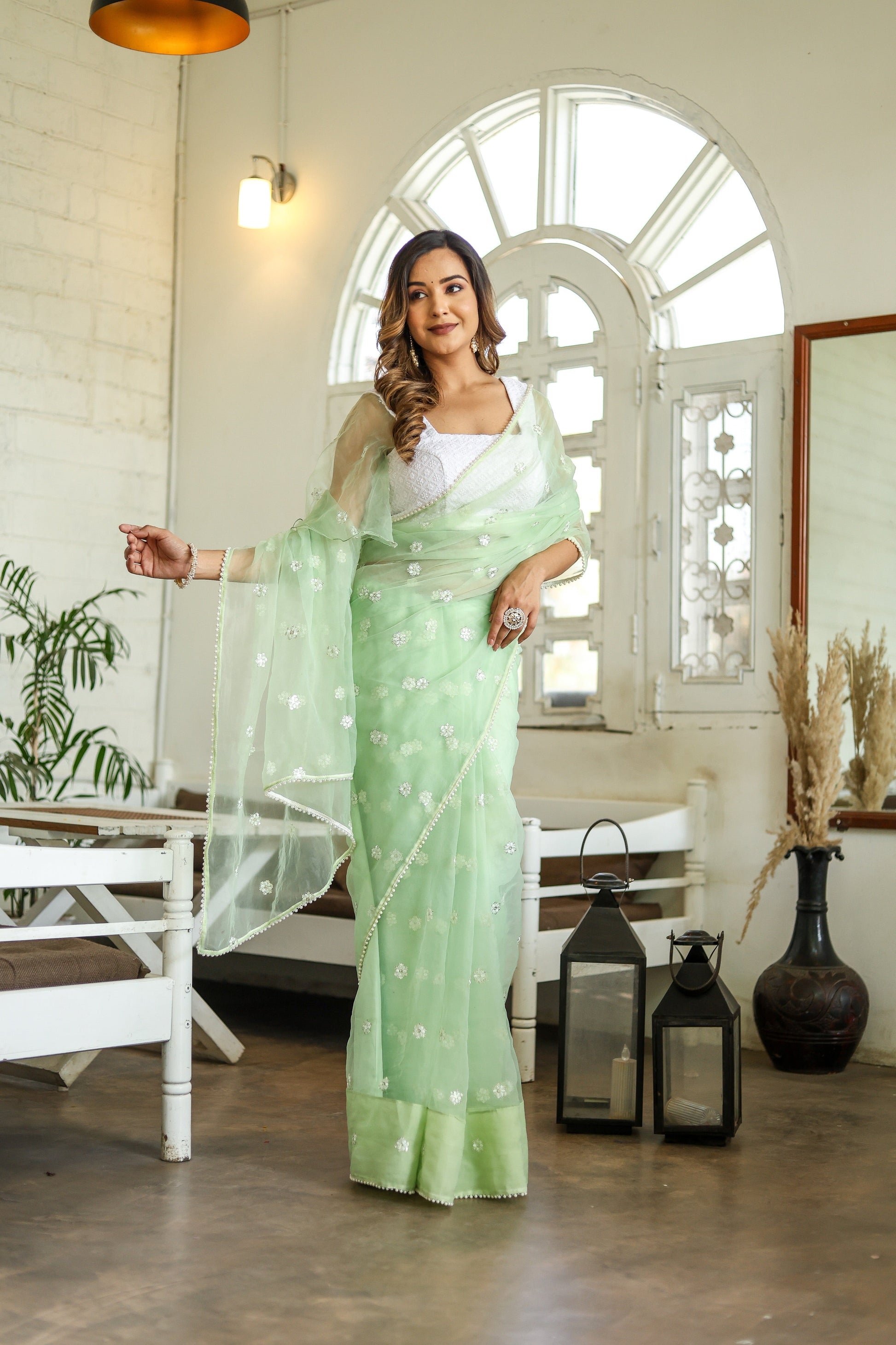 Unique Green Silk Organza Saree Embroidered Buttis Geometric Pearl Lace