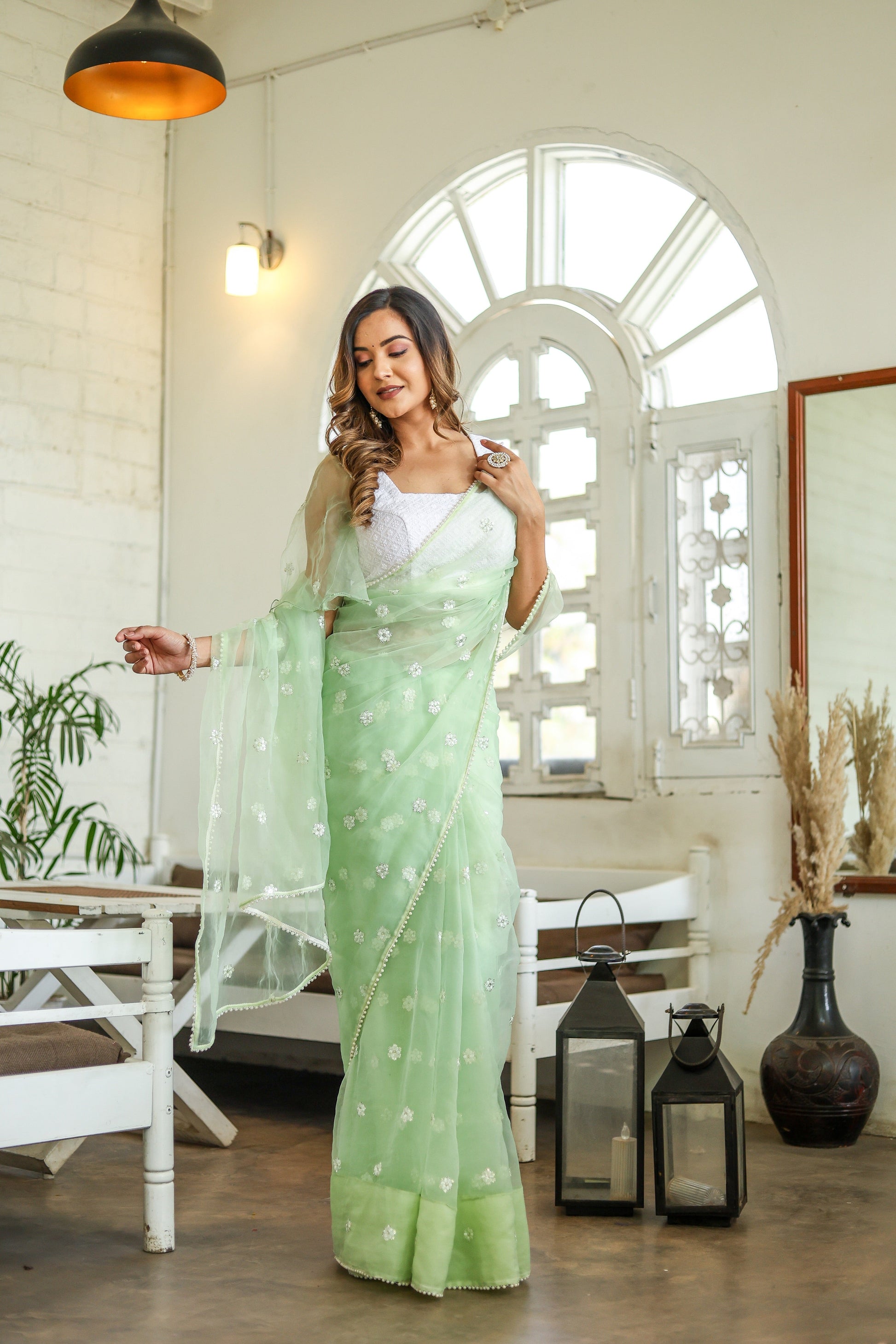 Unique Green Silk Organza Saree Embroidered Buttis Geometric Pearl Lace