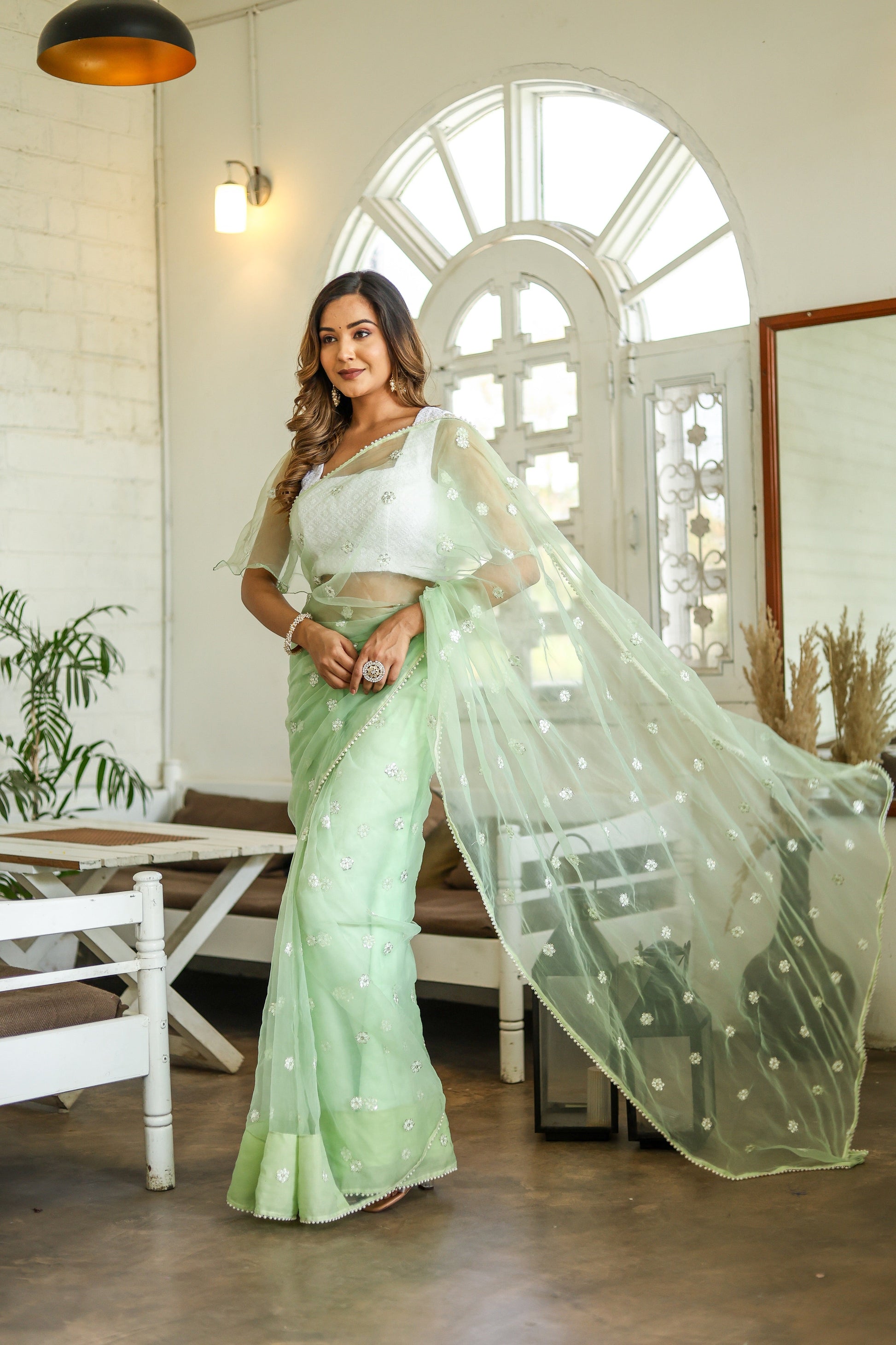 Unique Green Silk Organza Saree Embroidered Buttis Geometric Pearl Lace