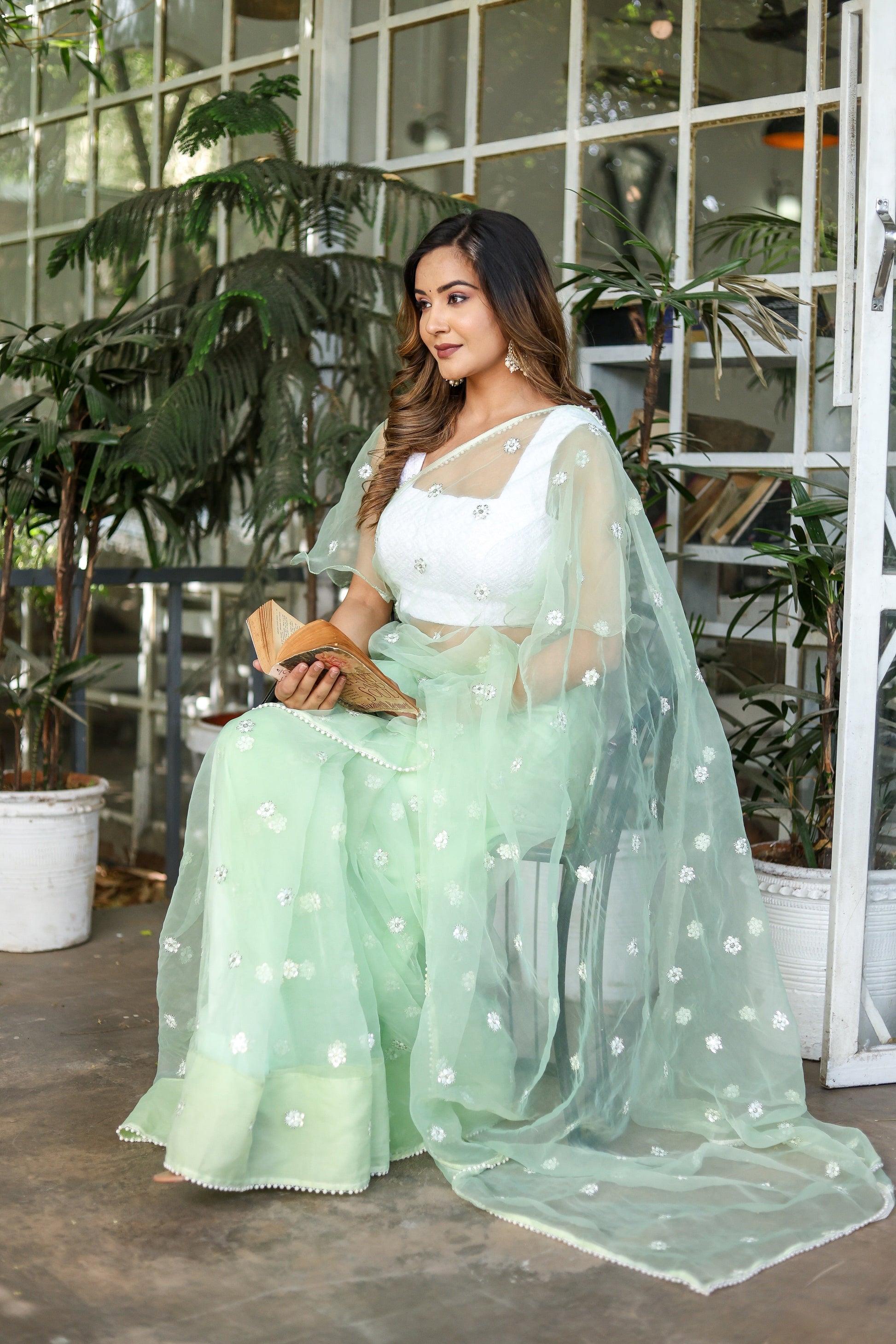 Unique Green Silk Organza Saree Embroidered Buttis Geometric Pearl Lace