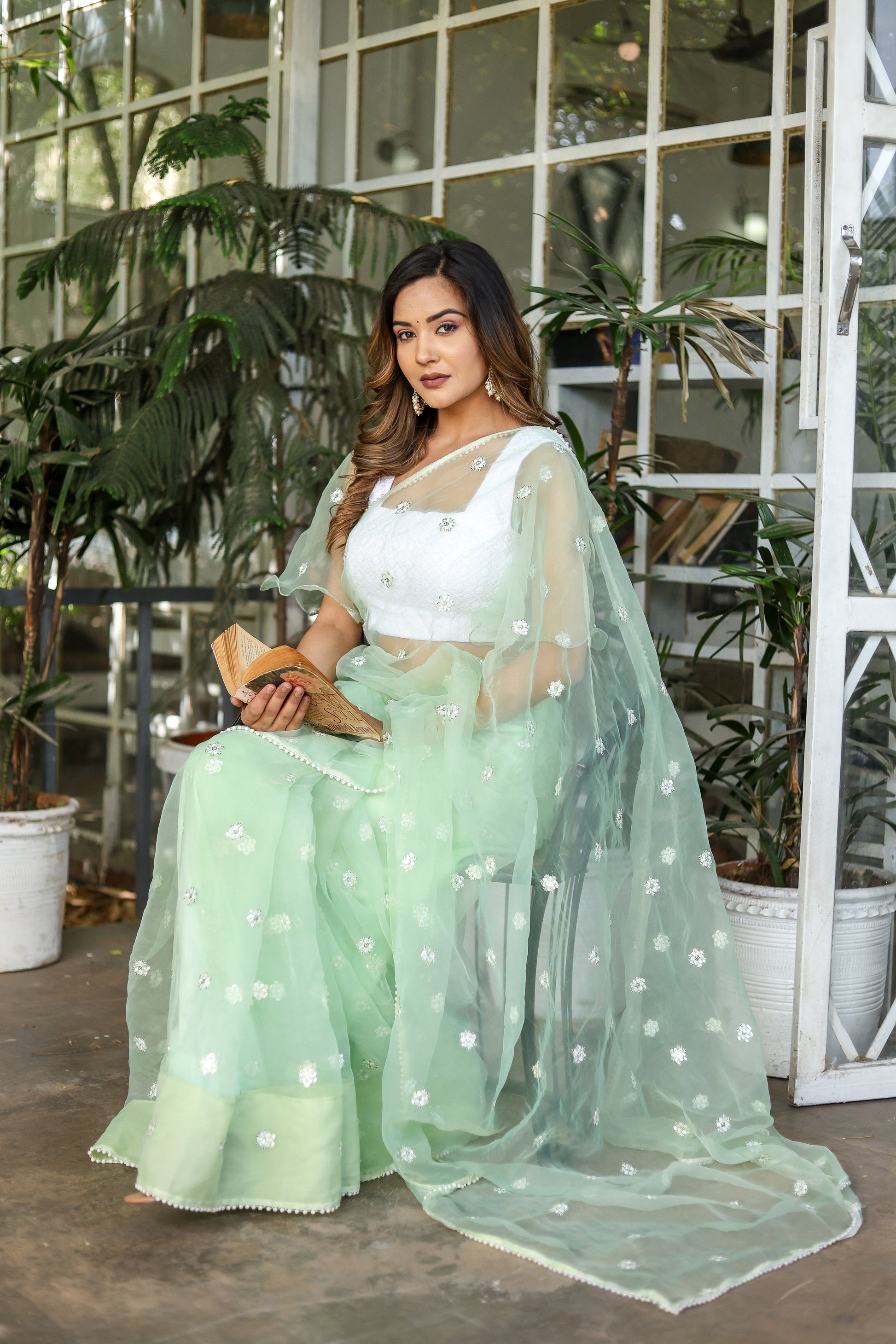 Unique Green Silk Organza Saree Embroidered Buttis Geometric Pearl Lace
