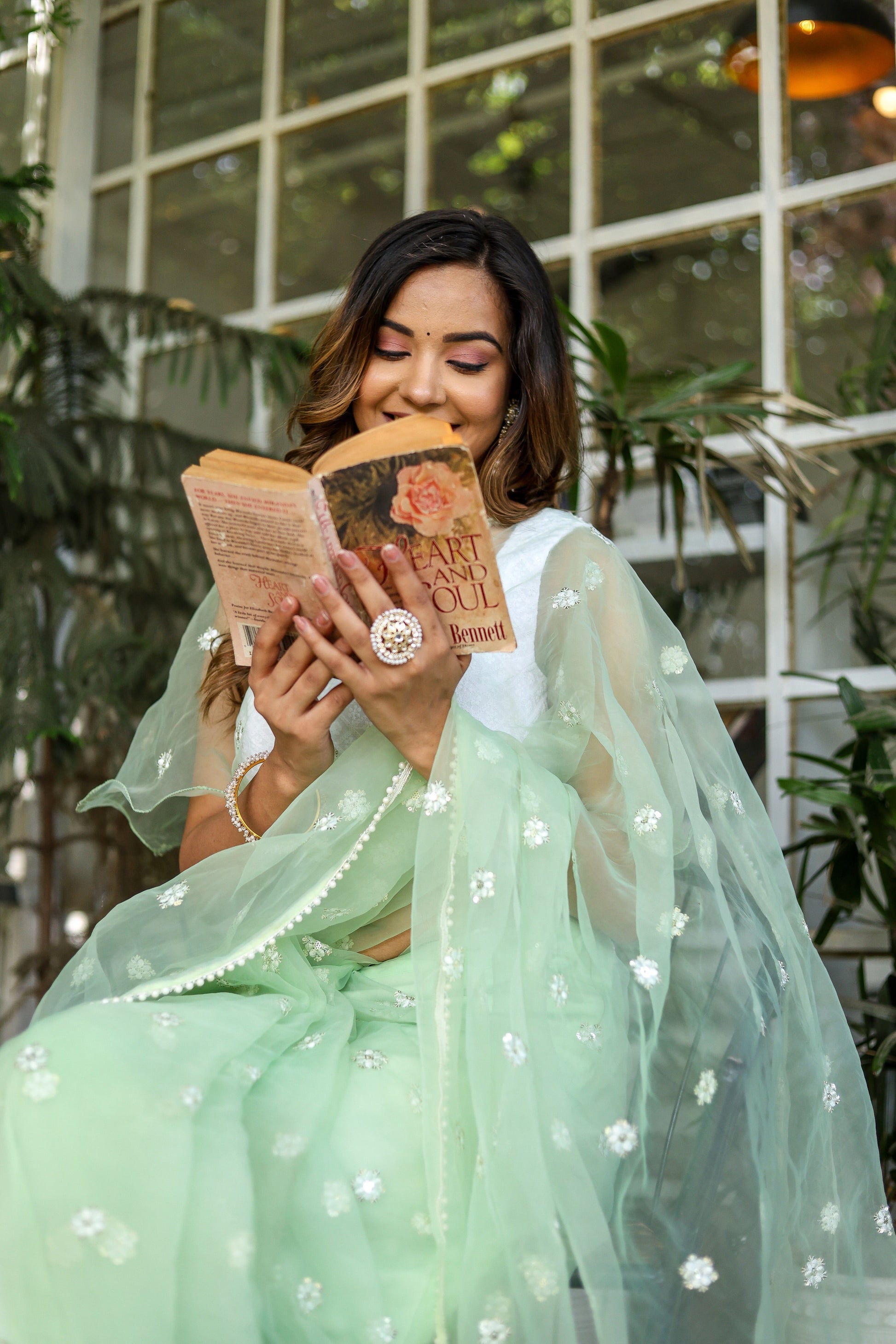 Unique Green Silk Organza Saree Embroidered Buttis Geometric Pearl Lace