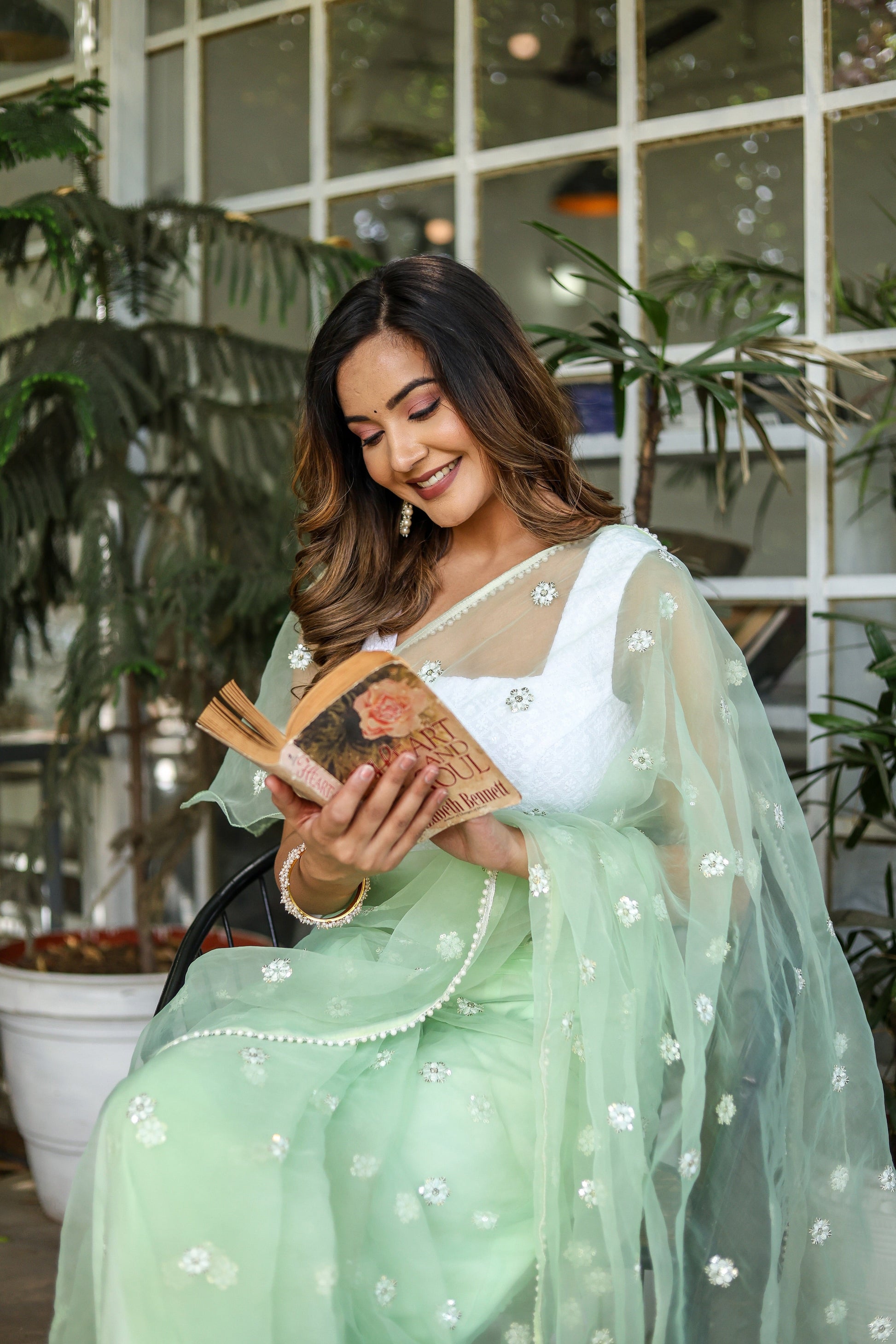 Unique Green Silk Organza Saree Embroidered Buttis Geometric Pearl Lace