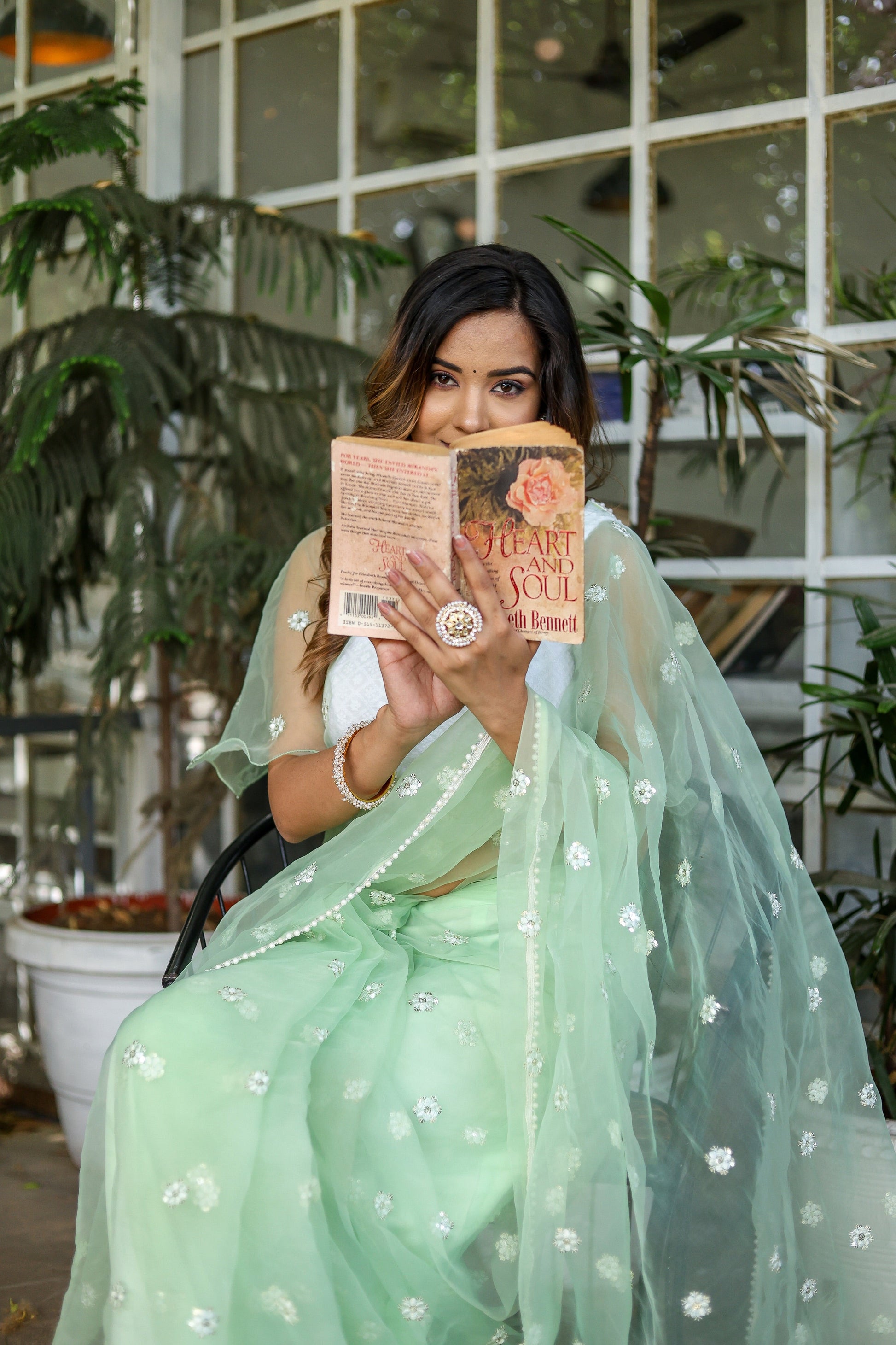 Unique Green Silk Organza Saree Embroidered Buttis Geometric Pearl Lace