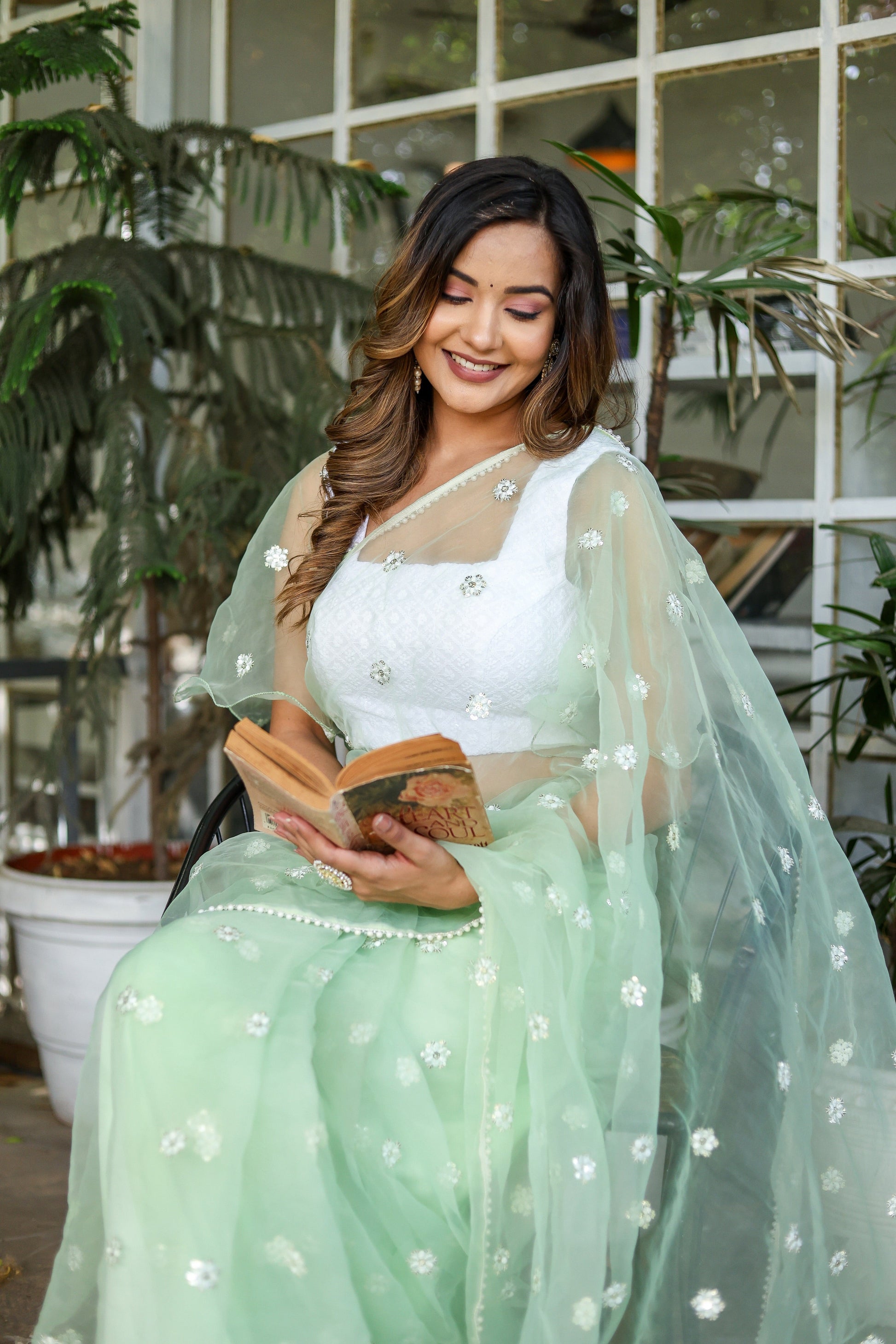 Unique Green Silk Organza Saree Embroidered Buttis Geometric Pearl Lace
