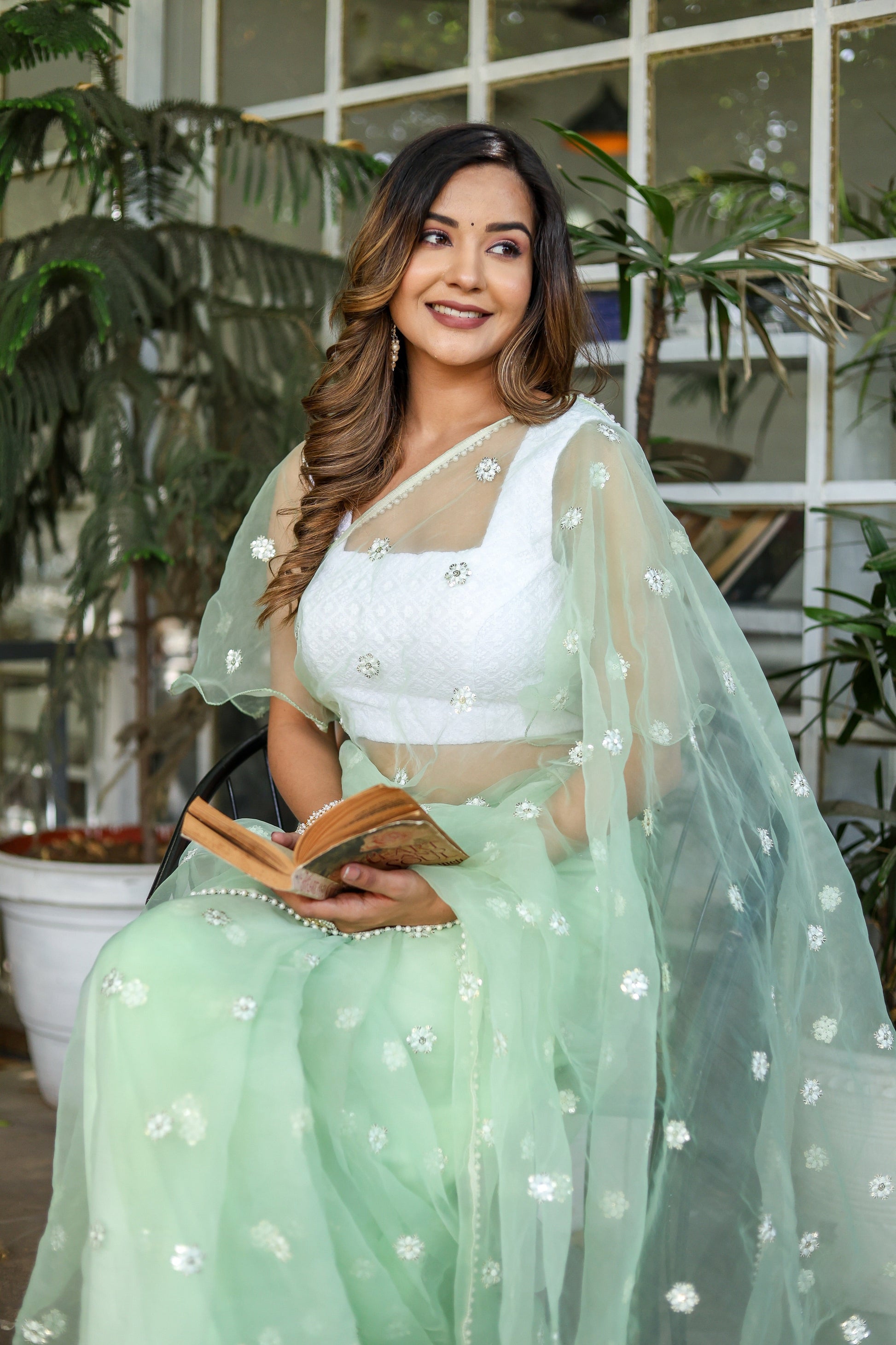 Unique Green Silk Organza Saree Embroidered Buttis Geometric Pearl Lace