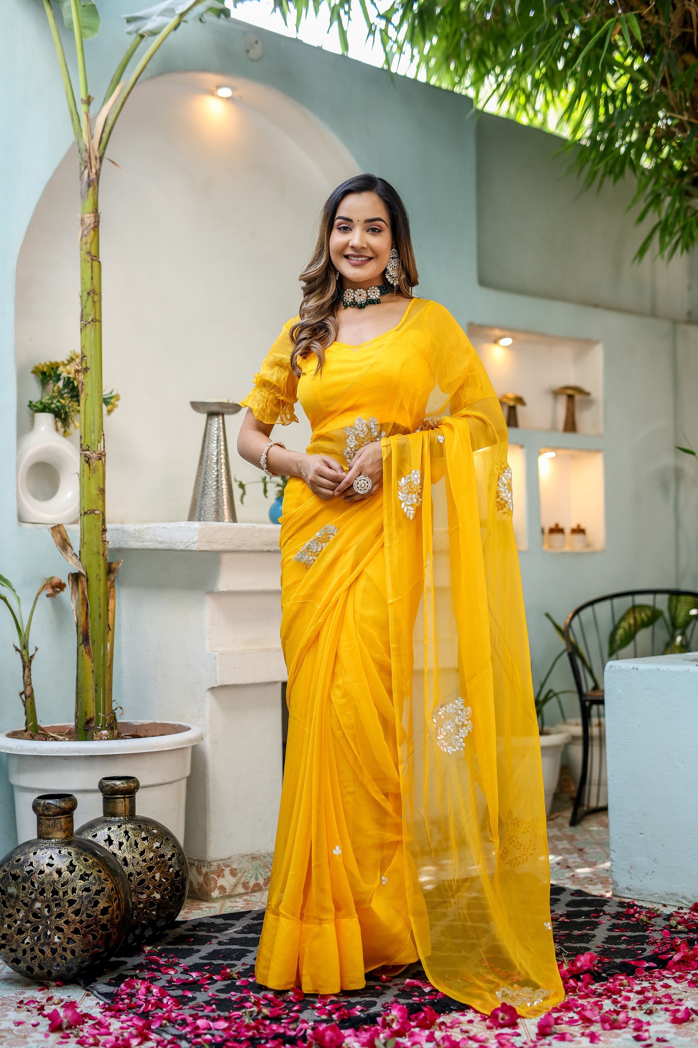Luminous Yellow Chiffon Gota Embroidered Saree Floral