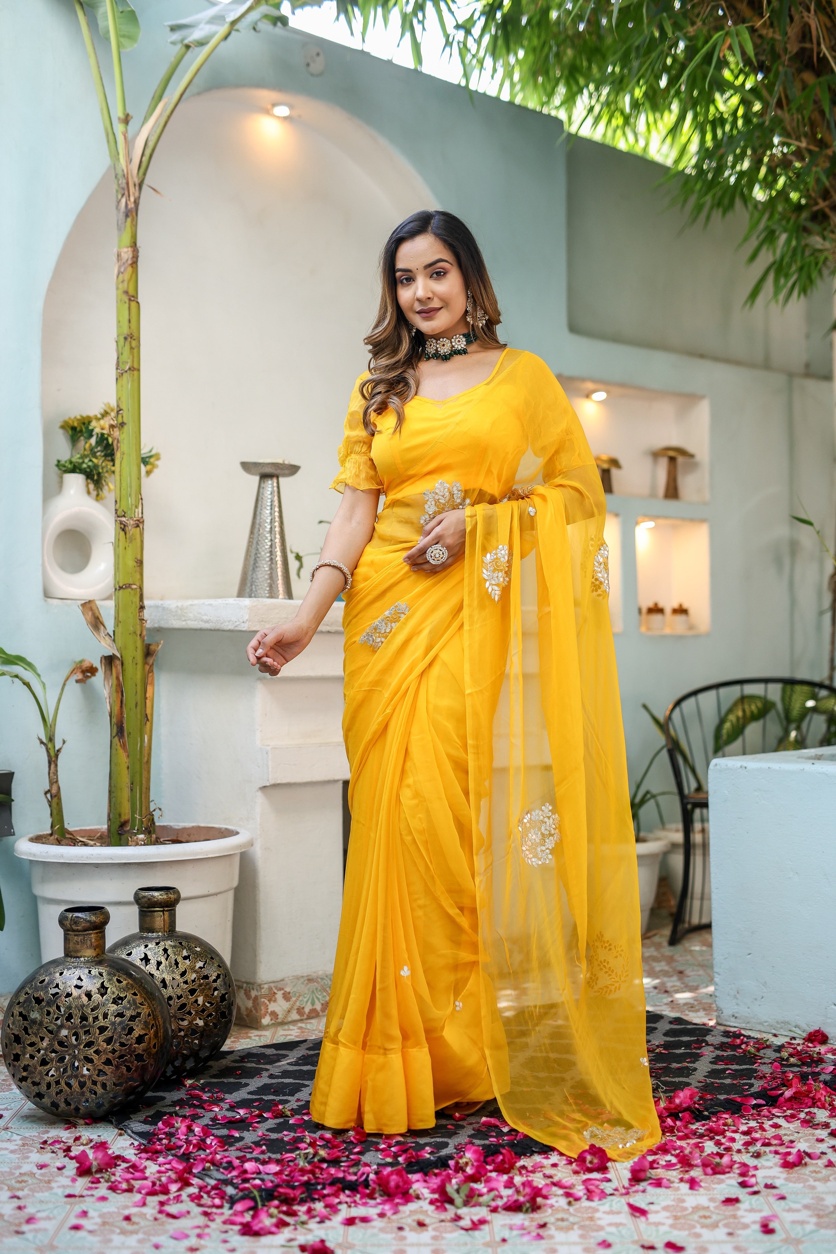 Luminous Yellow Chiffon Gota Embroidered Saree Floral
