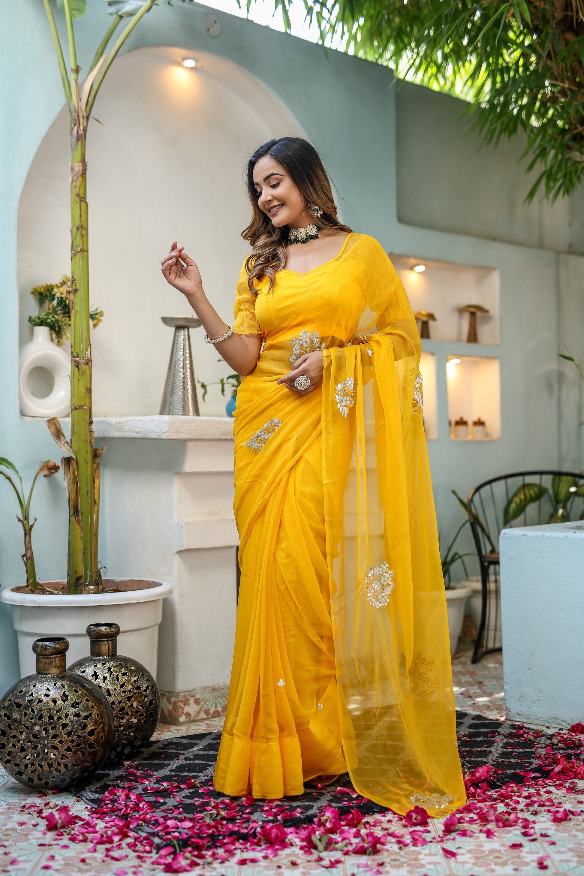 Luminous Yellow Chiffon Gota Embroidered Saree Floral