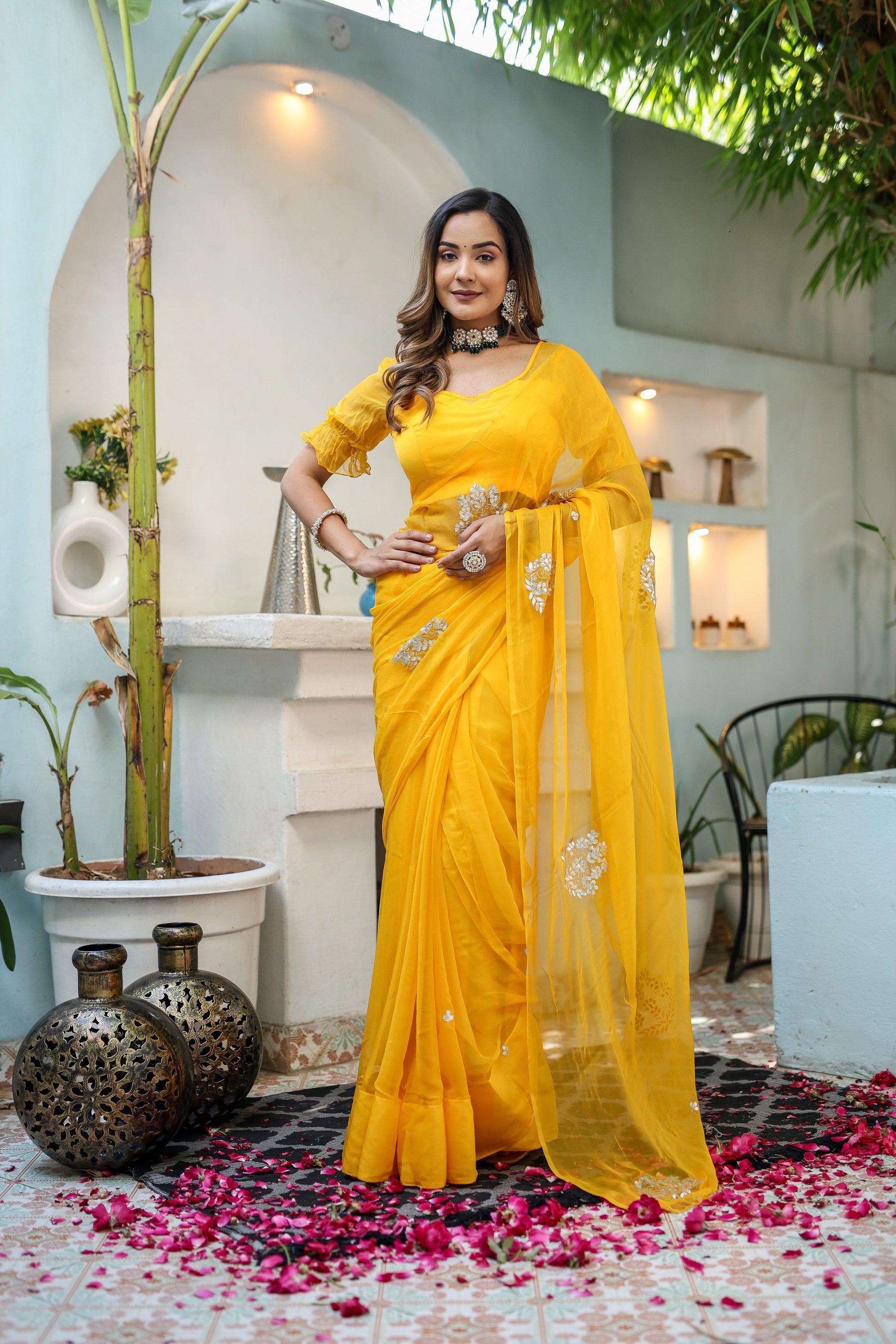 Luminous Yellow Chiffon Gota Embroidered Saree Floral