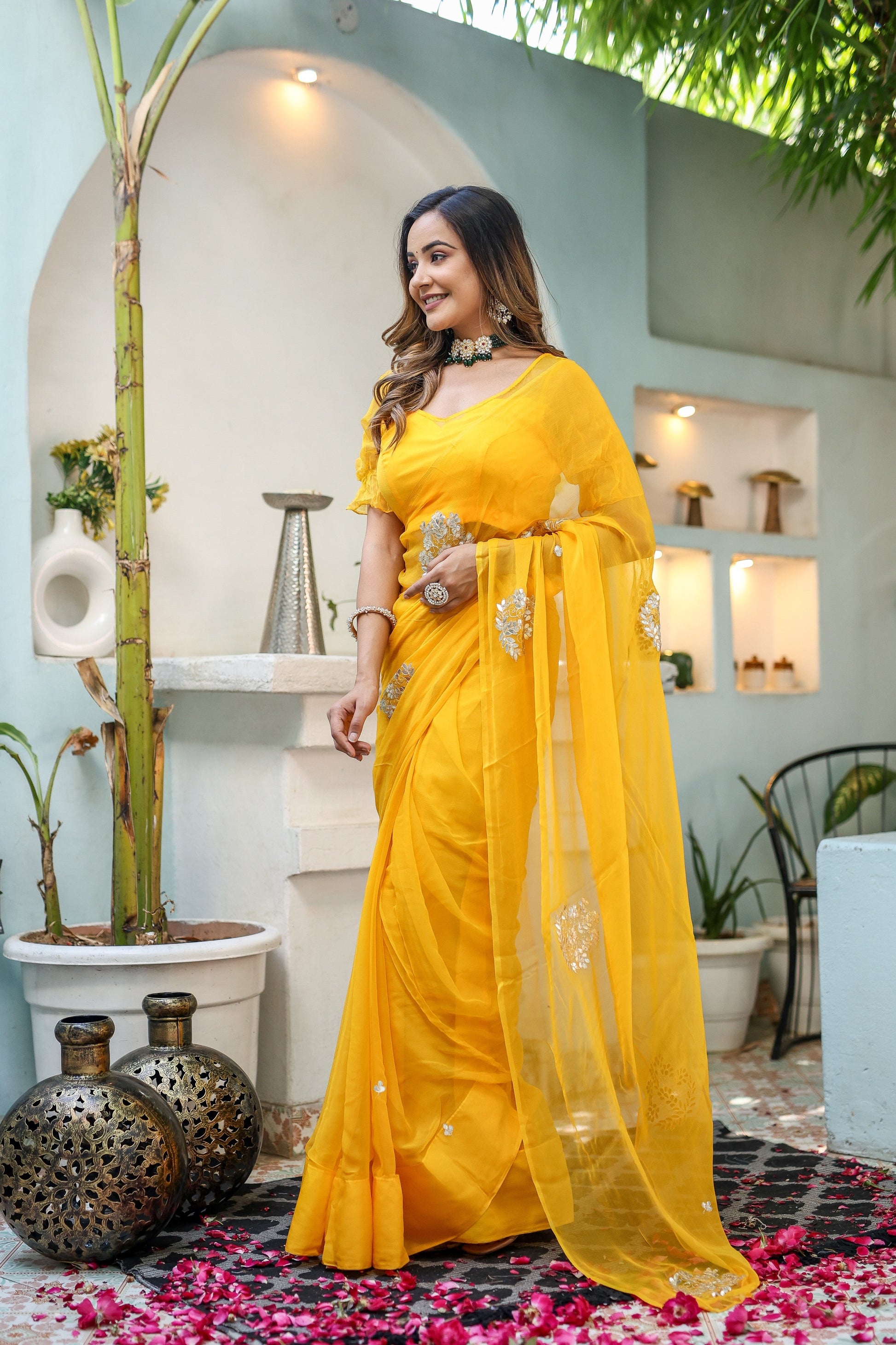 Luminous Yellow Chiffon Gota Embroidered Saree Floral