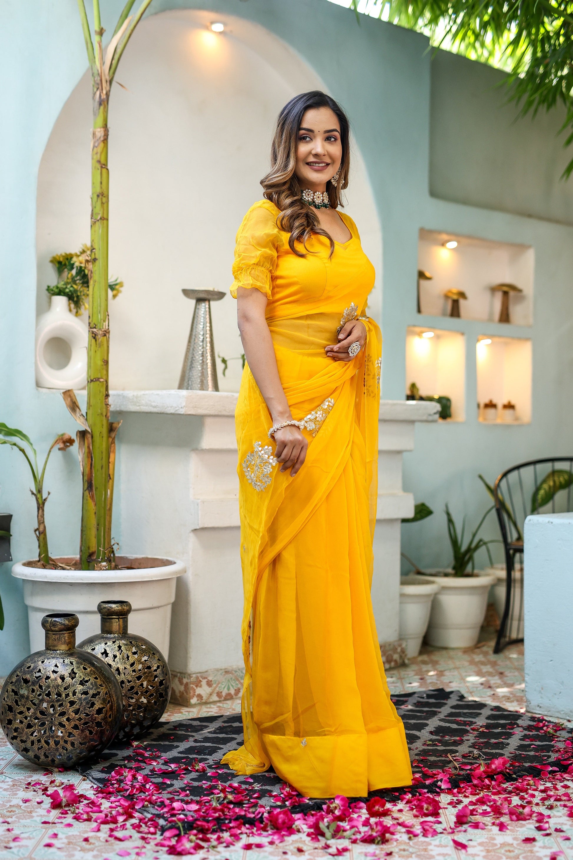 Luminous Yellow Chiffon Gota Embroidered Saree Floral
