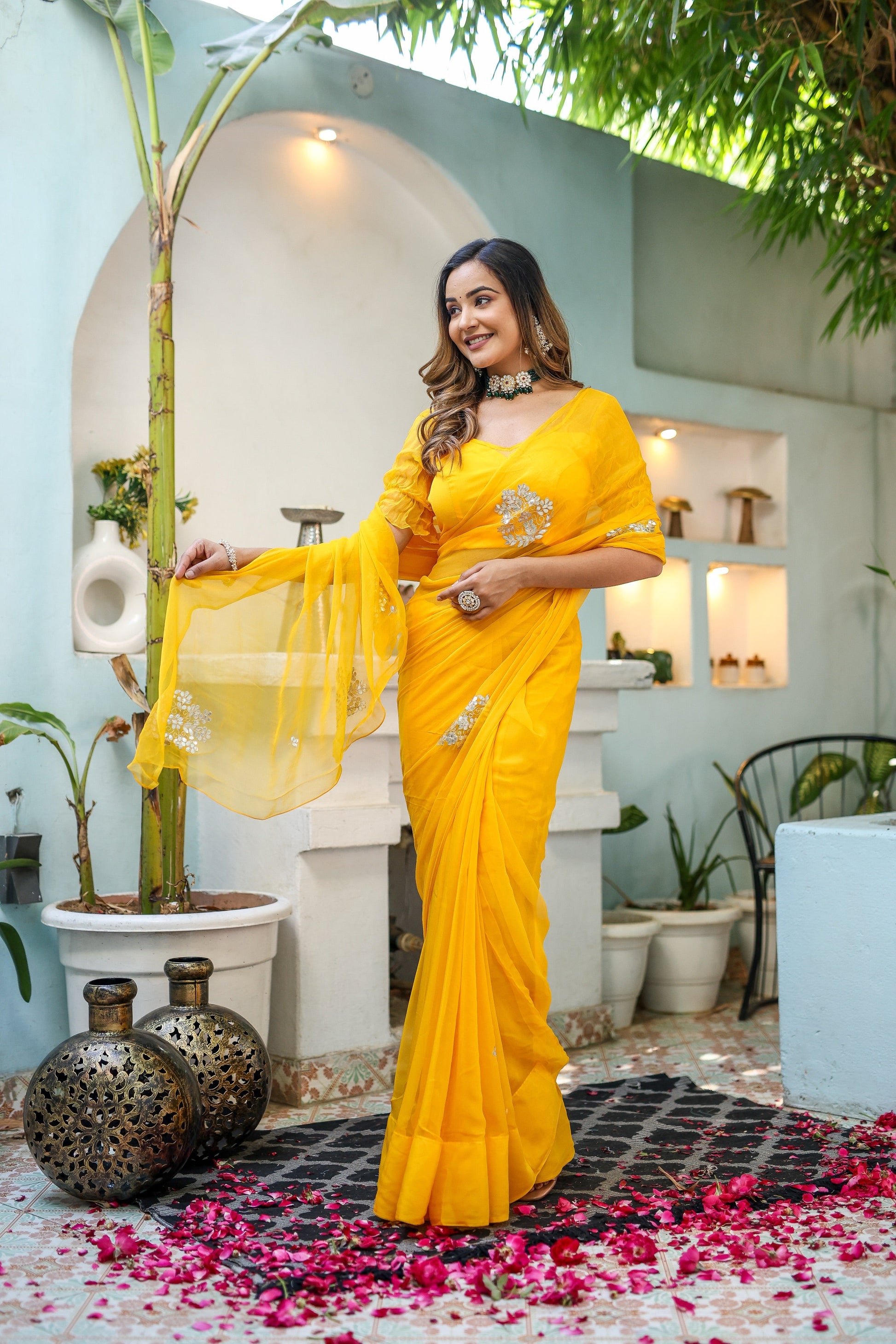 Luminous Yellow Chiffon Gota Embroidered Saree Floral