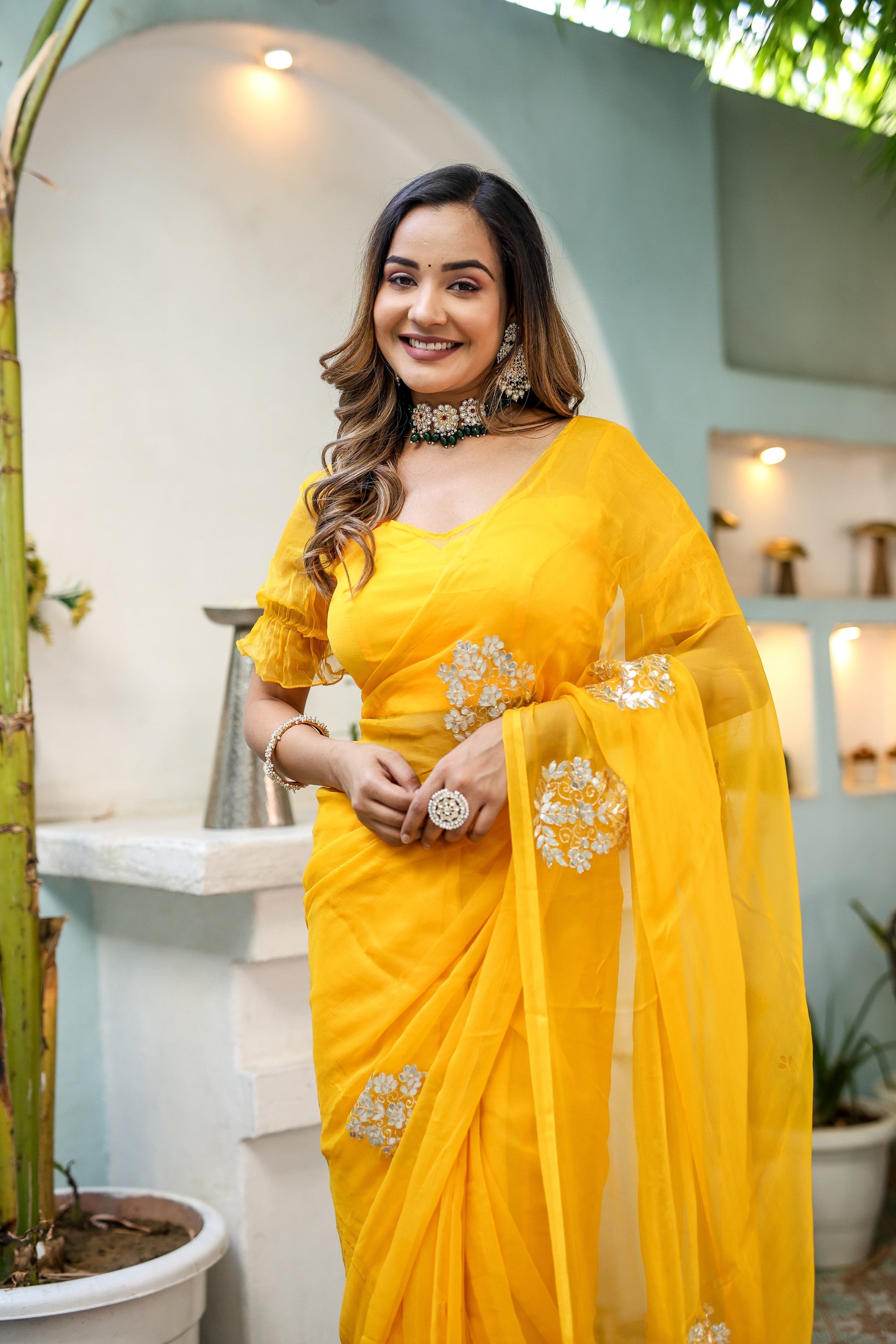 Luminous Yellow Chiffon Gota Embroidered Saree Floral