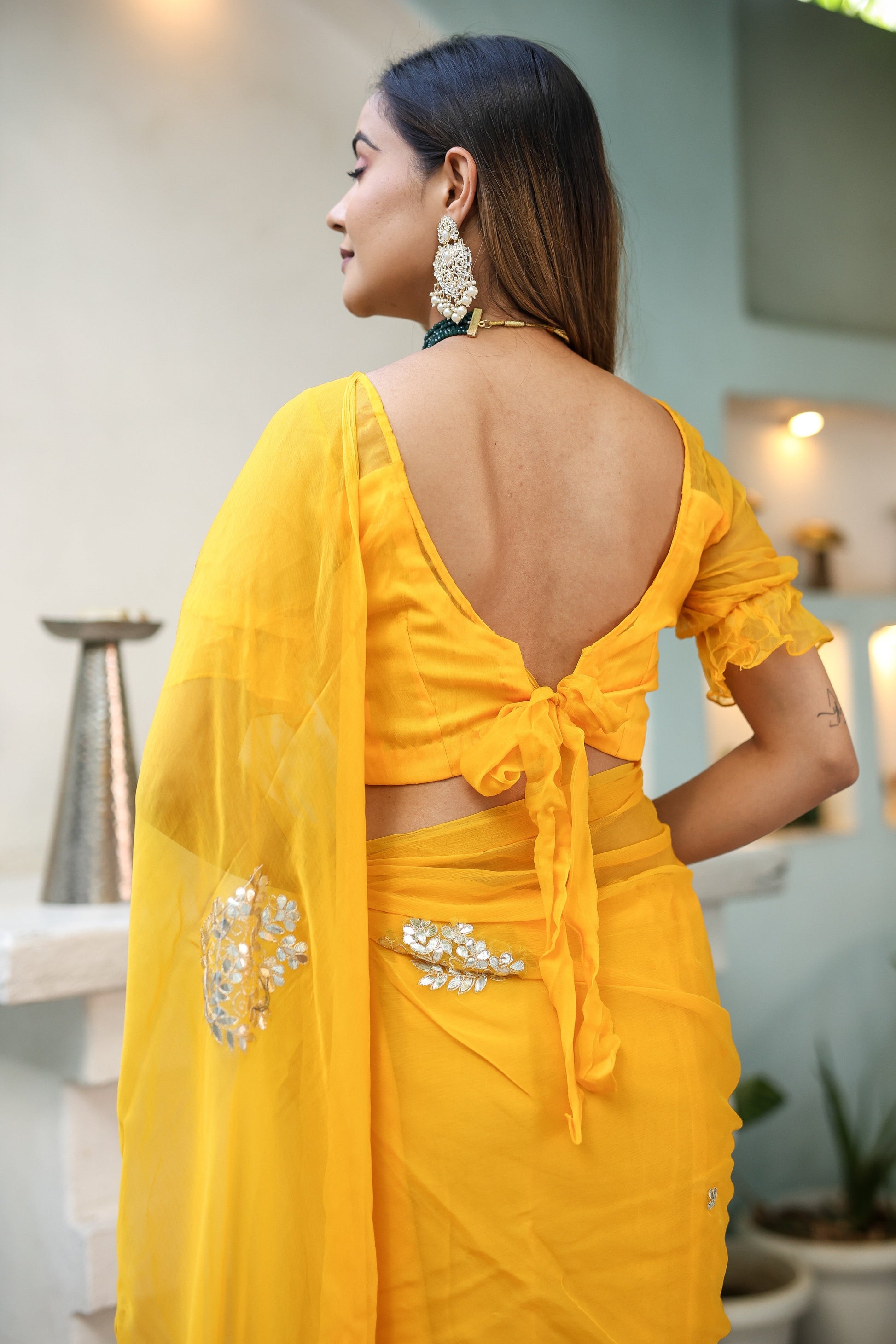 Luminous Yellow Chiffon Gota Embroidered Saree Floral