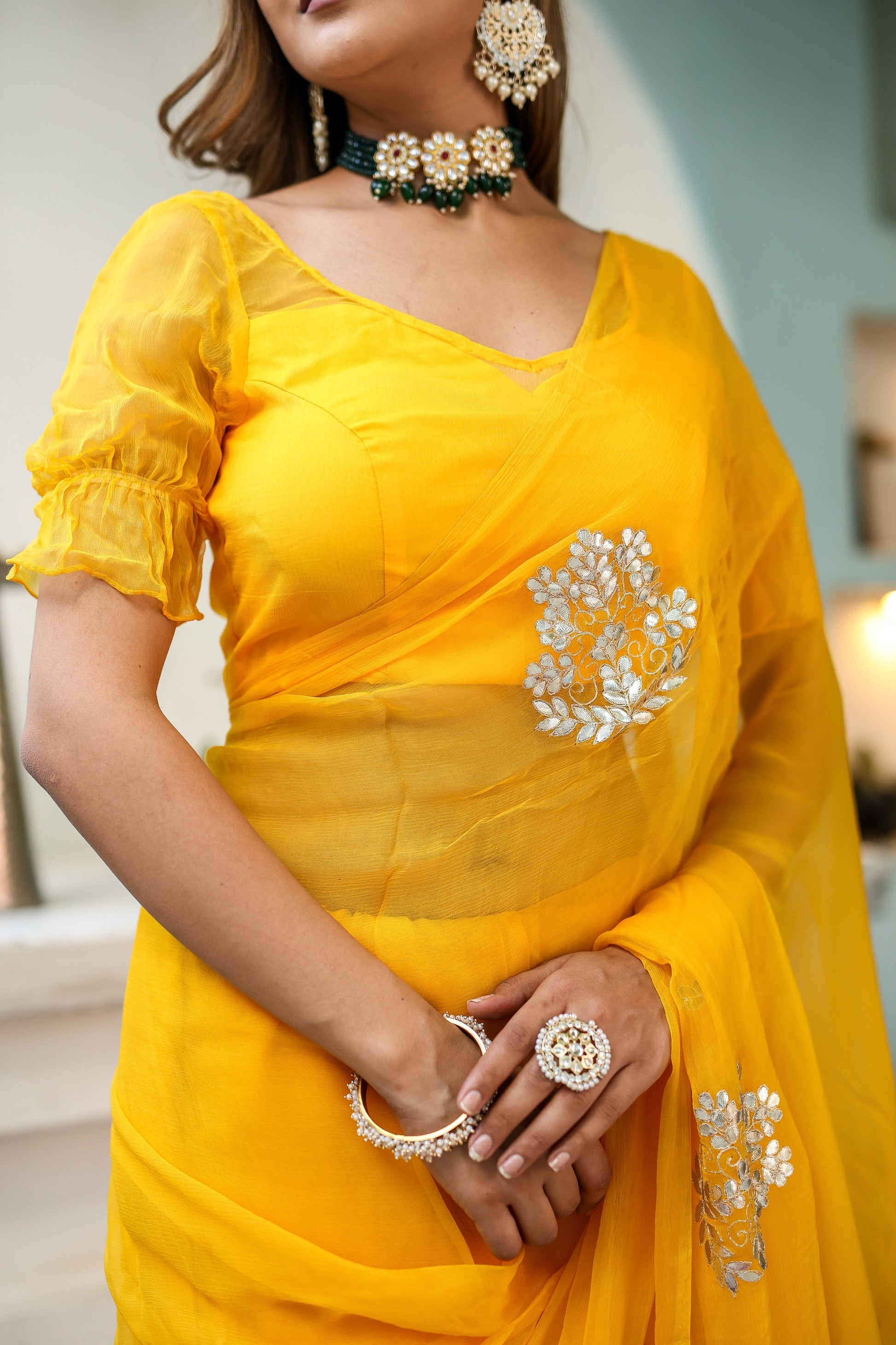Luminous Yellow Chiffon Gota Embroidered Saree Floral