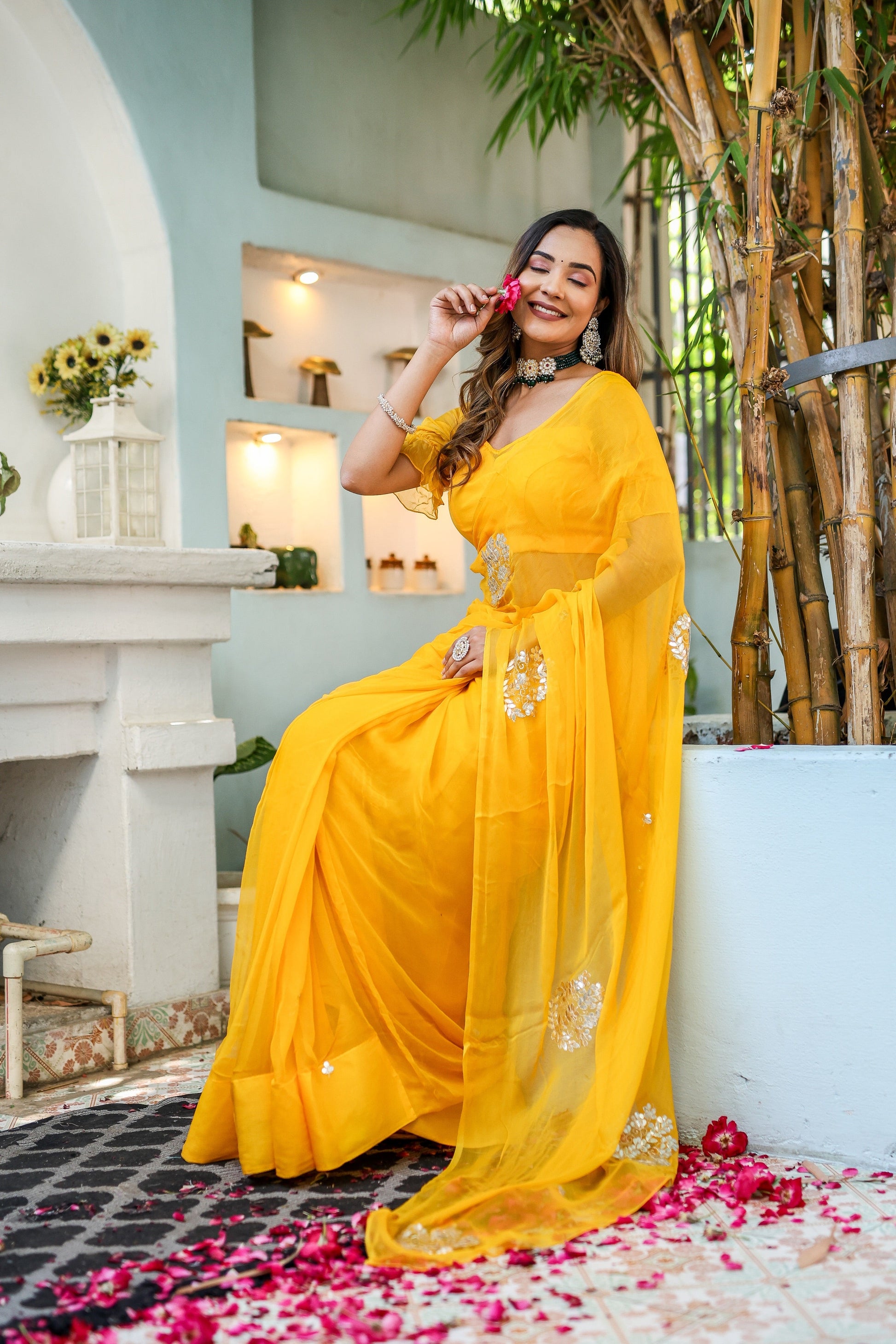 Luminous Yellow Chiffon Gota Embroidered Saree Floral