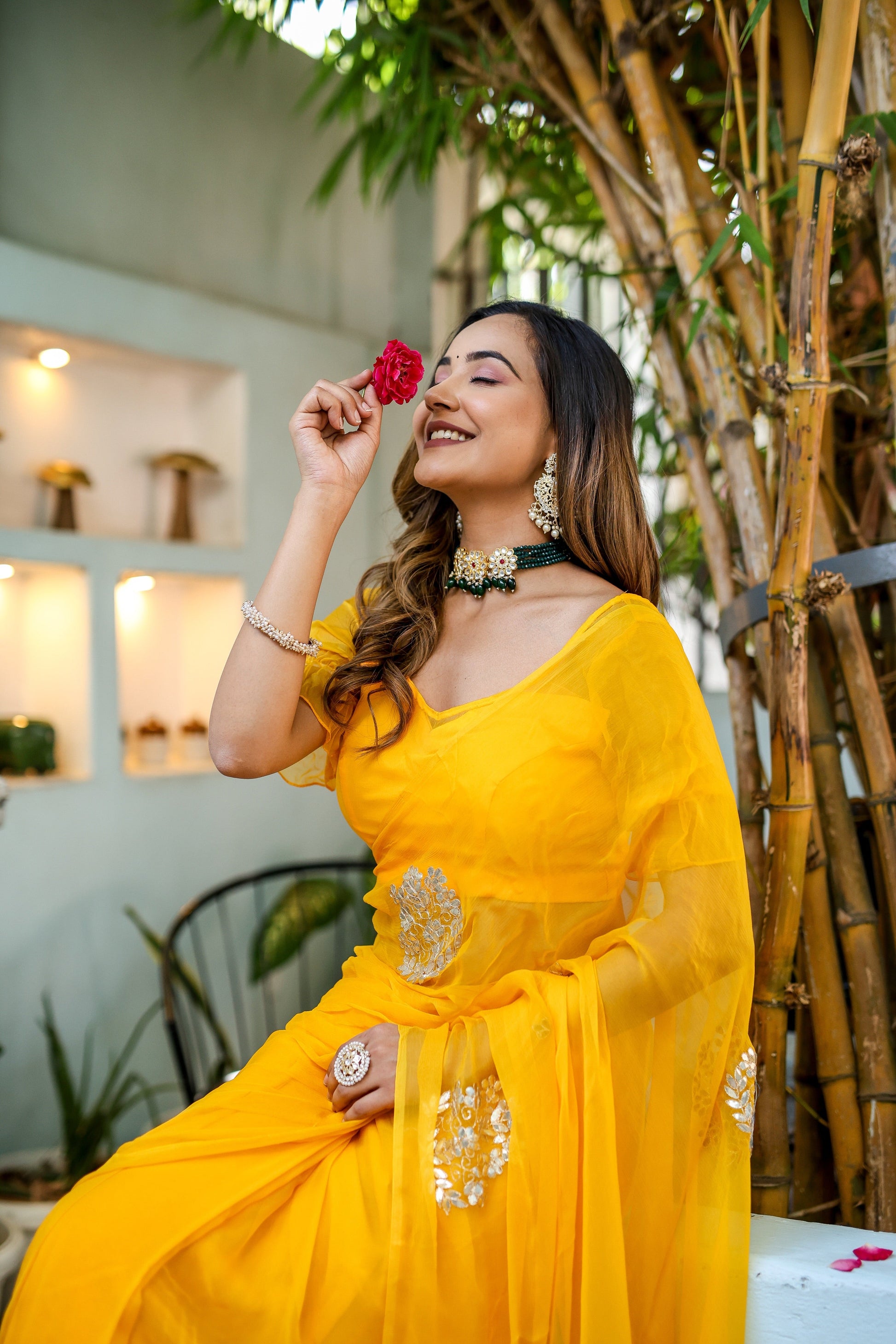 Luminous Yellow Chiffon Gota Embroidered Saree Floral