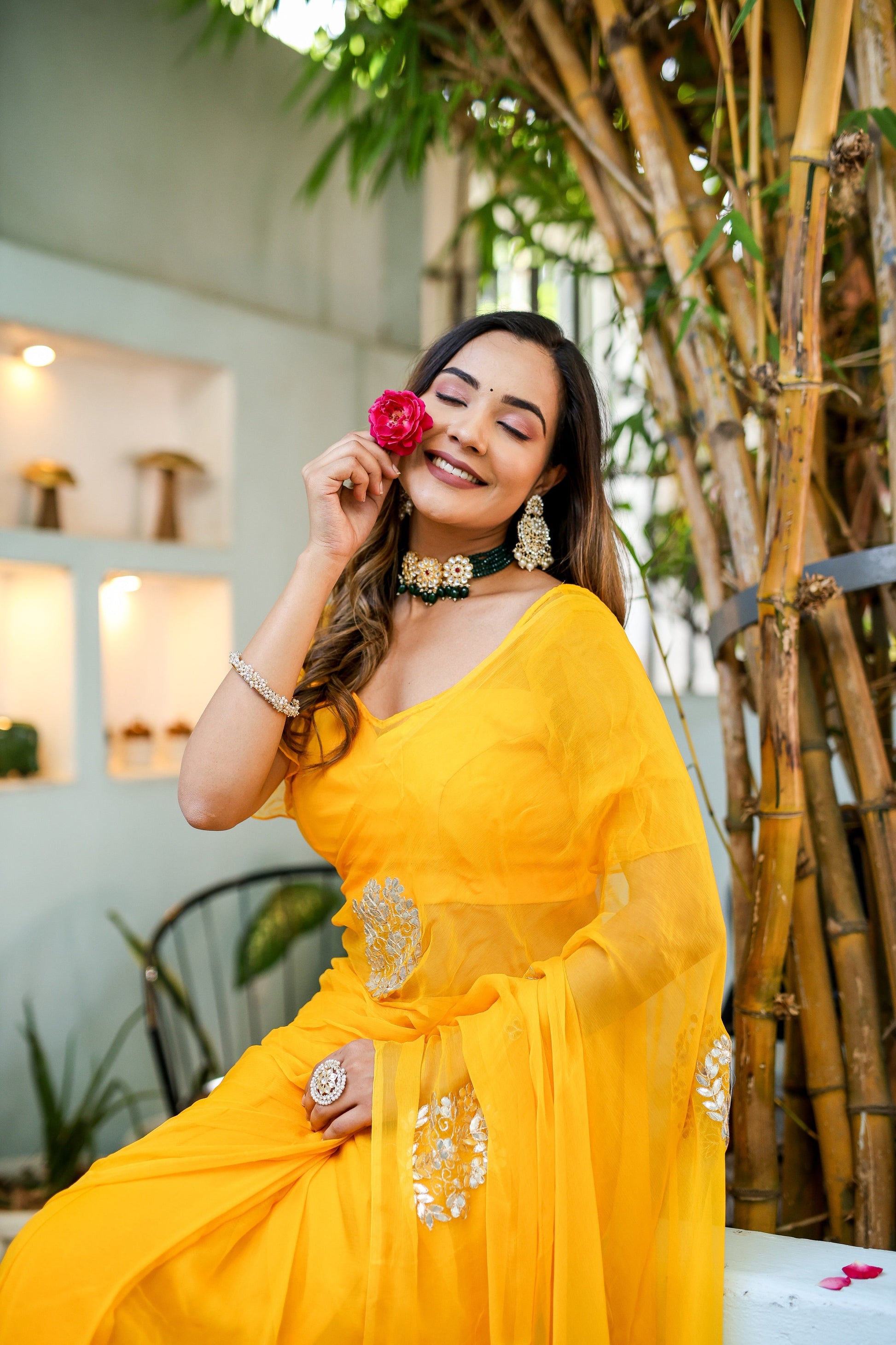 Luminous Yellow Chiffon Gota Embroidered Saree Floral