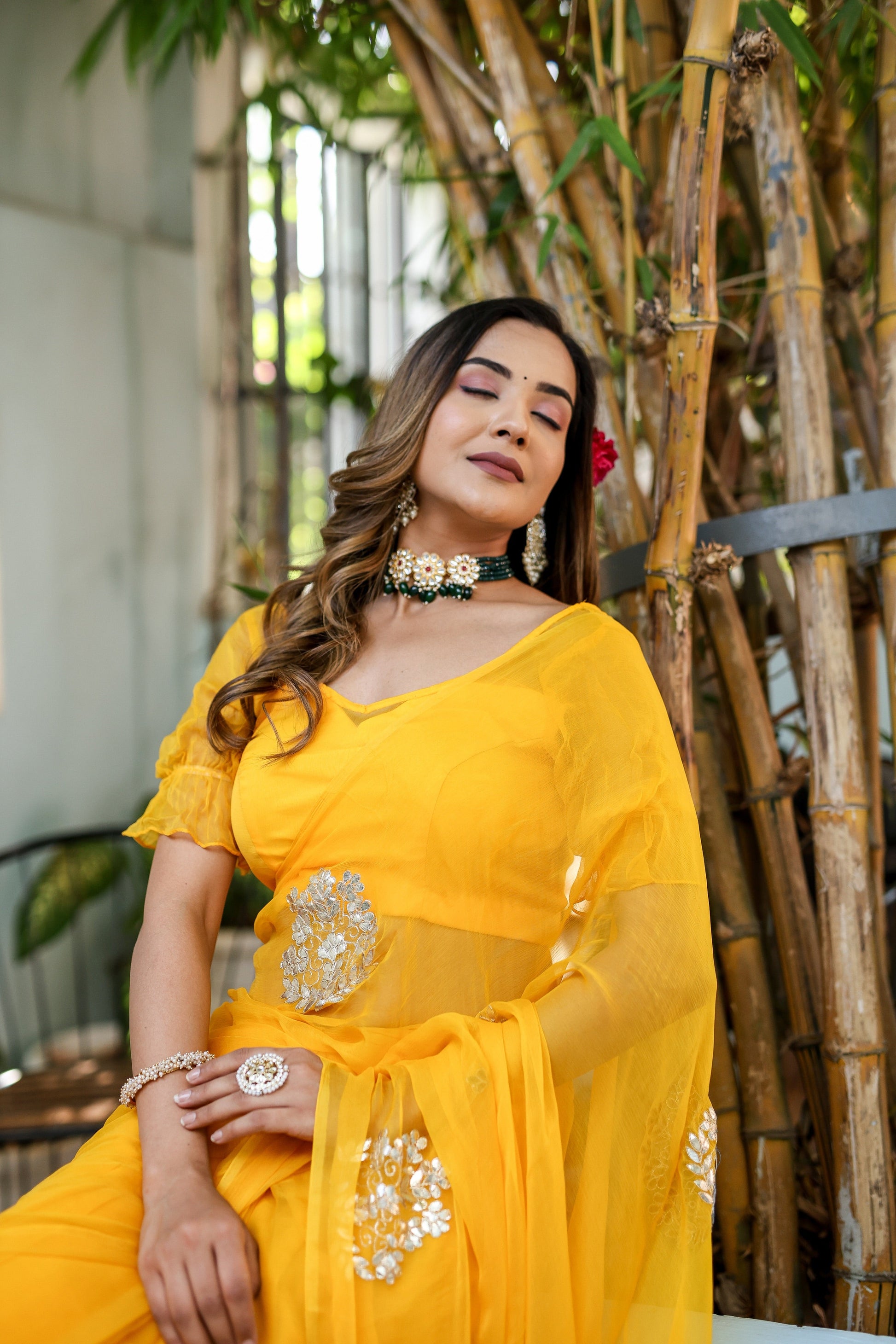 Luminous Yellow Chiffon Gota Embroidered Saree Floral