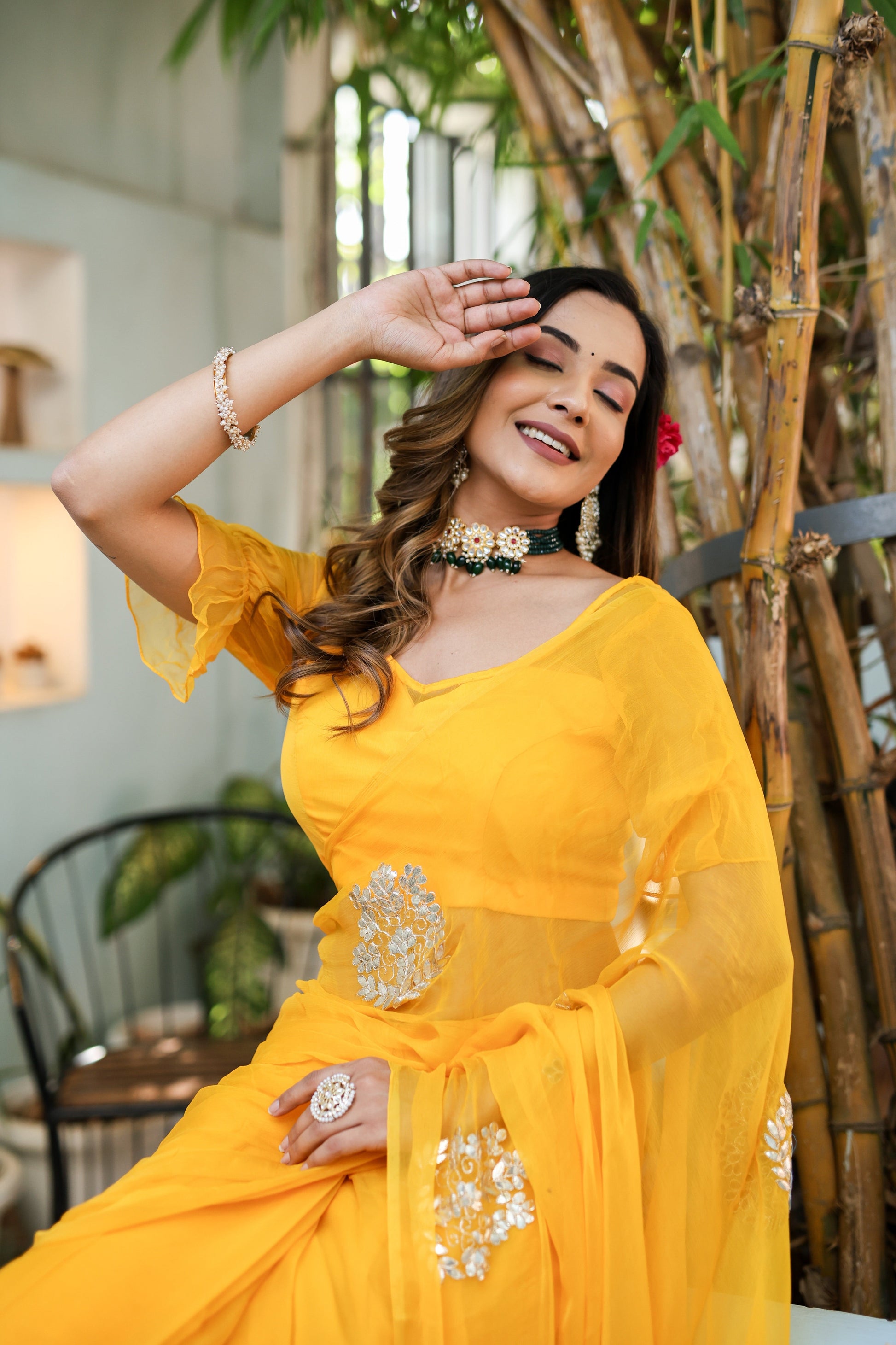 Luminous Yellow Chiffon Gota Embroidered Saree Floral