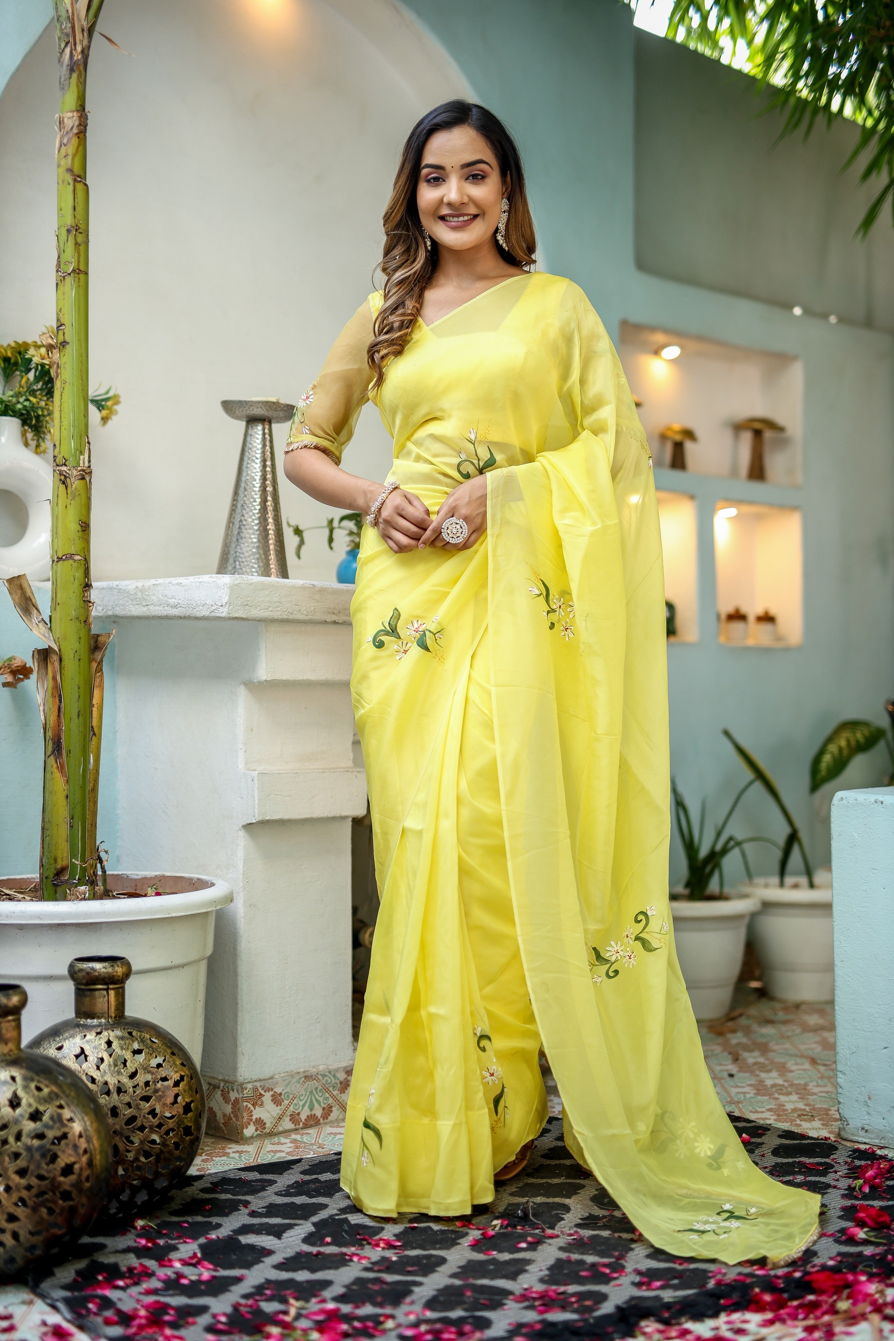 Artistic Yellow Silk Organza Handpainted Saree Floral