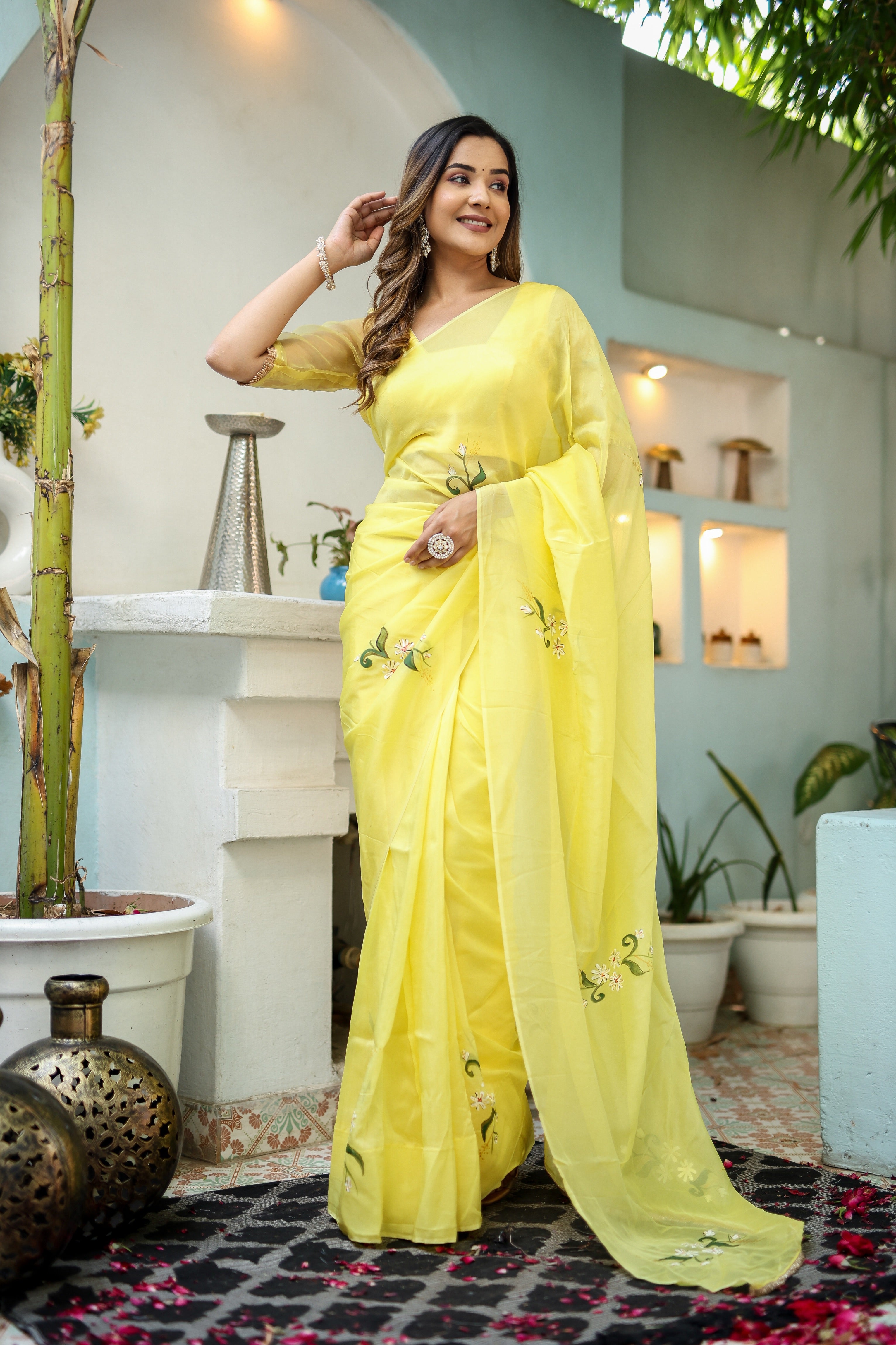Artistic Yellow Silk Organza Handpainted Saree Floral