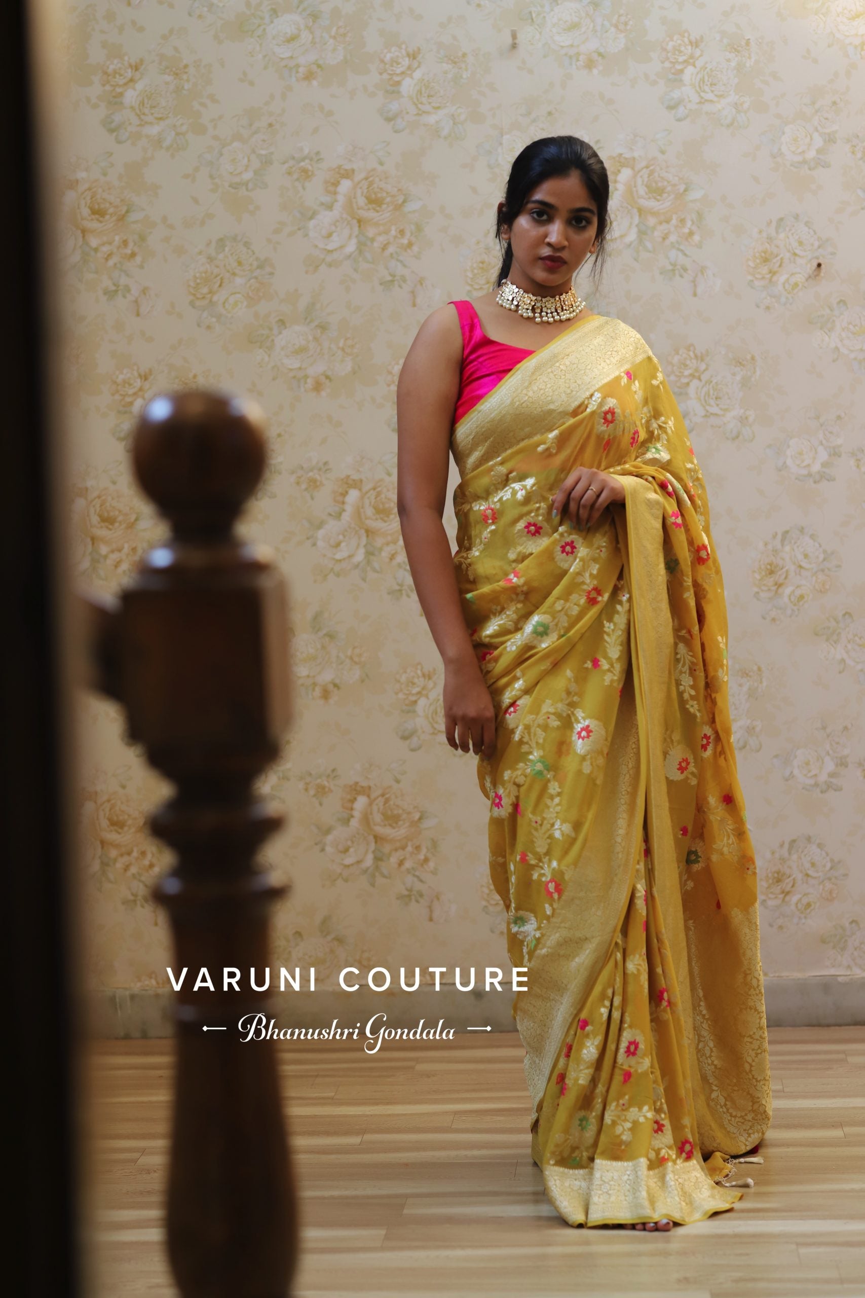 Haldi Meena Yellow Floral Banaras Georgette Saree - Handmade Silk Saree