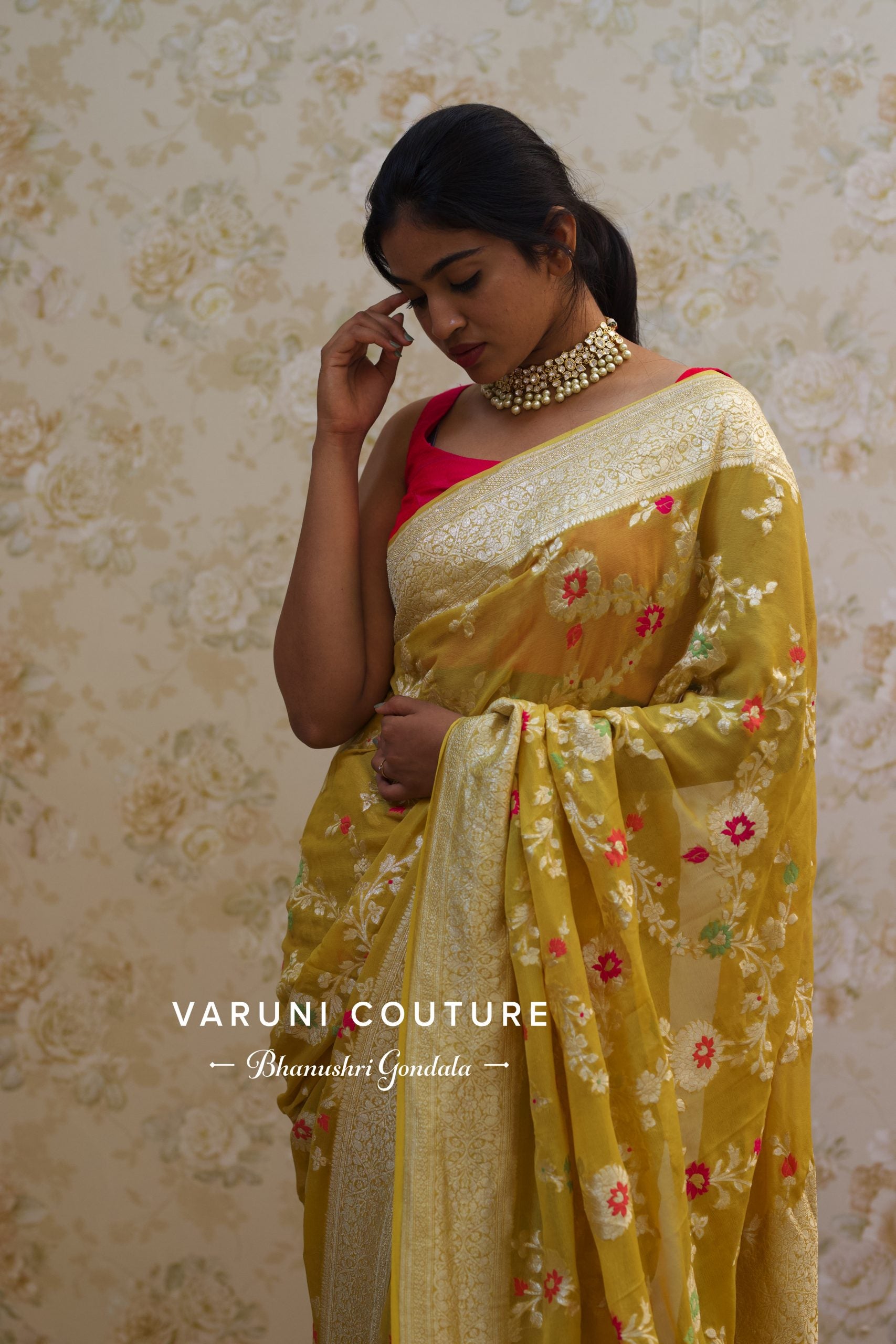 Haldi Meena Yellow Floral Banaras Georgette Saree - Handmade Silk Saree