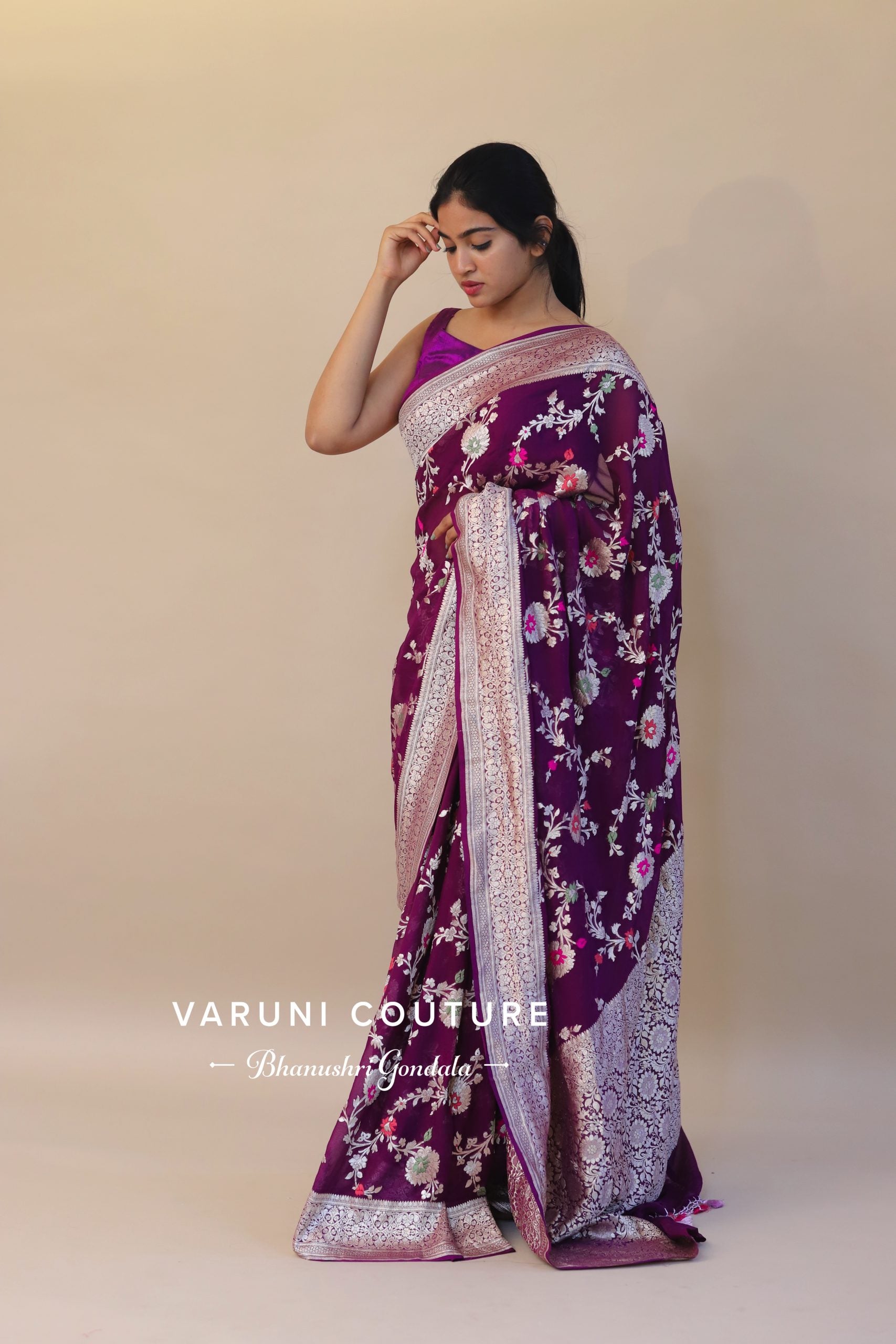 Purple Meena Floral Banarasi Georgette Saree - Handmade Saree Outfit
