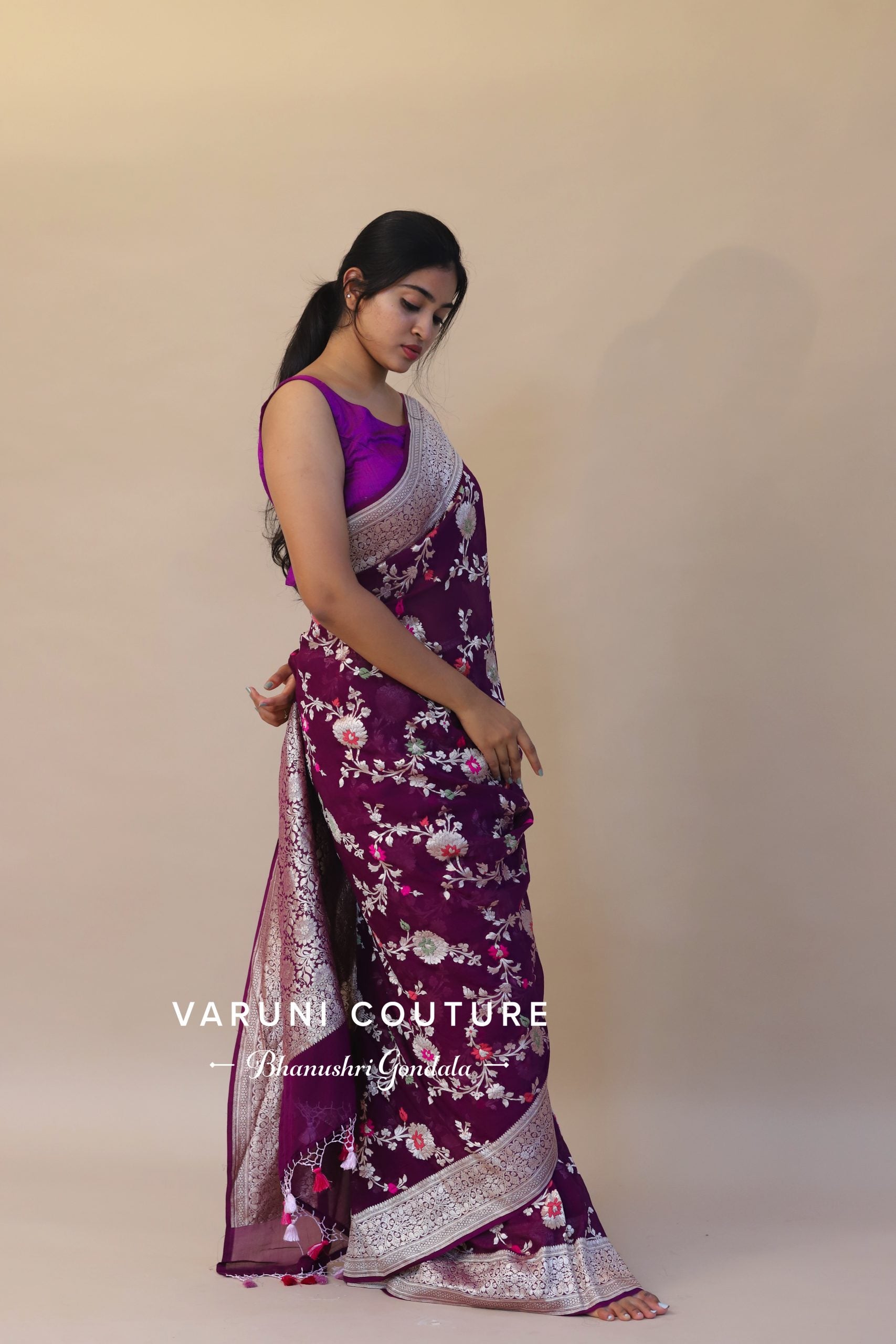 Purple Meena Floral Banarasi Georgette Saree - Handmade Saree Outfit