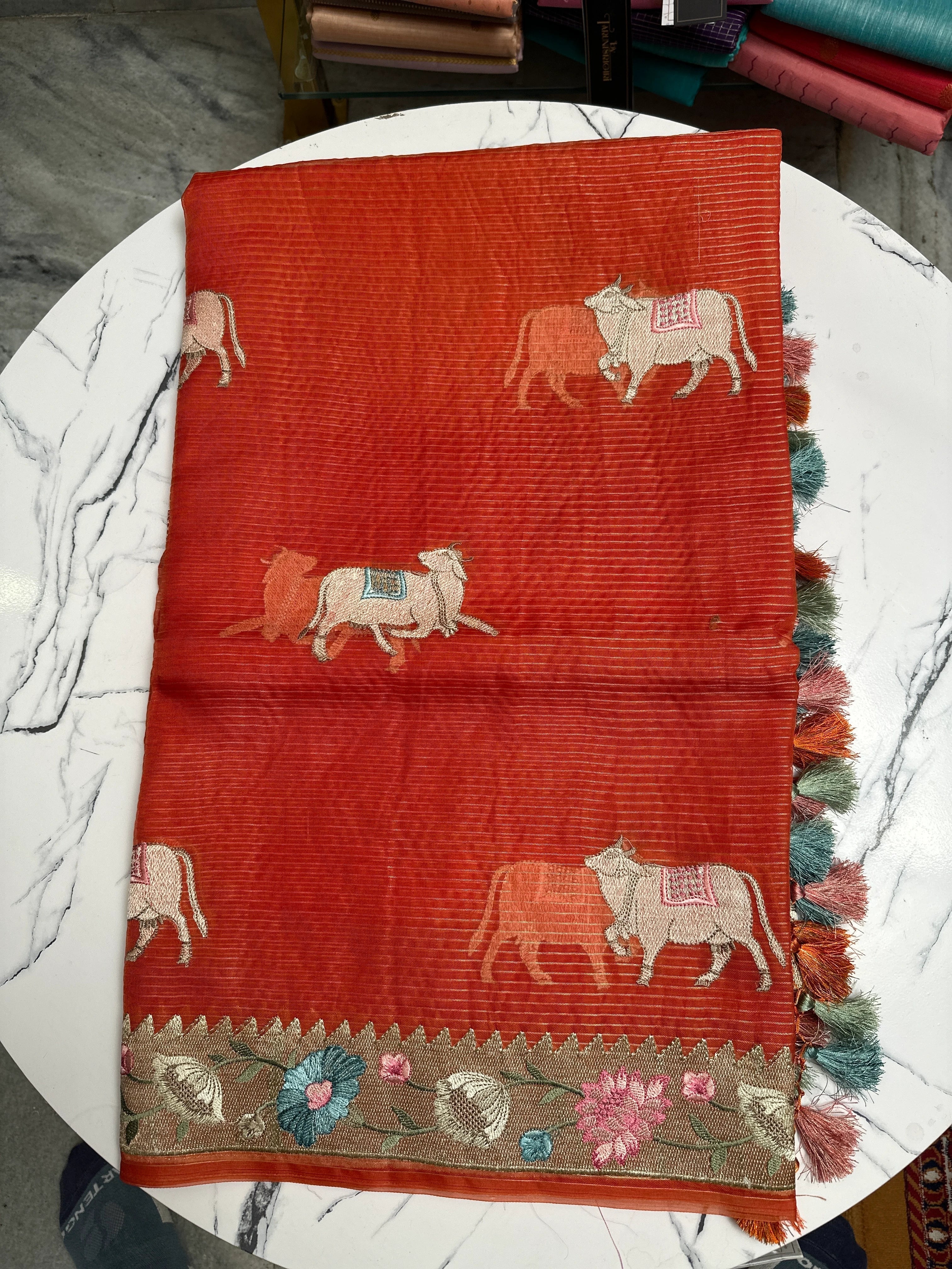 Regal Dark Red Organza Lines Floral Embroidery Saree