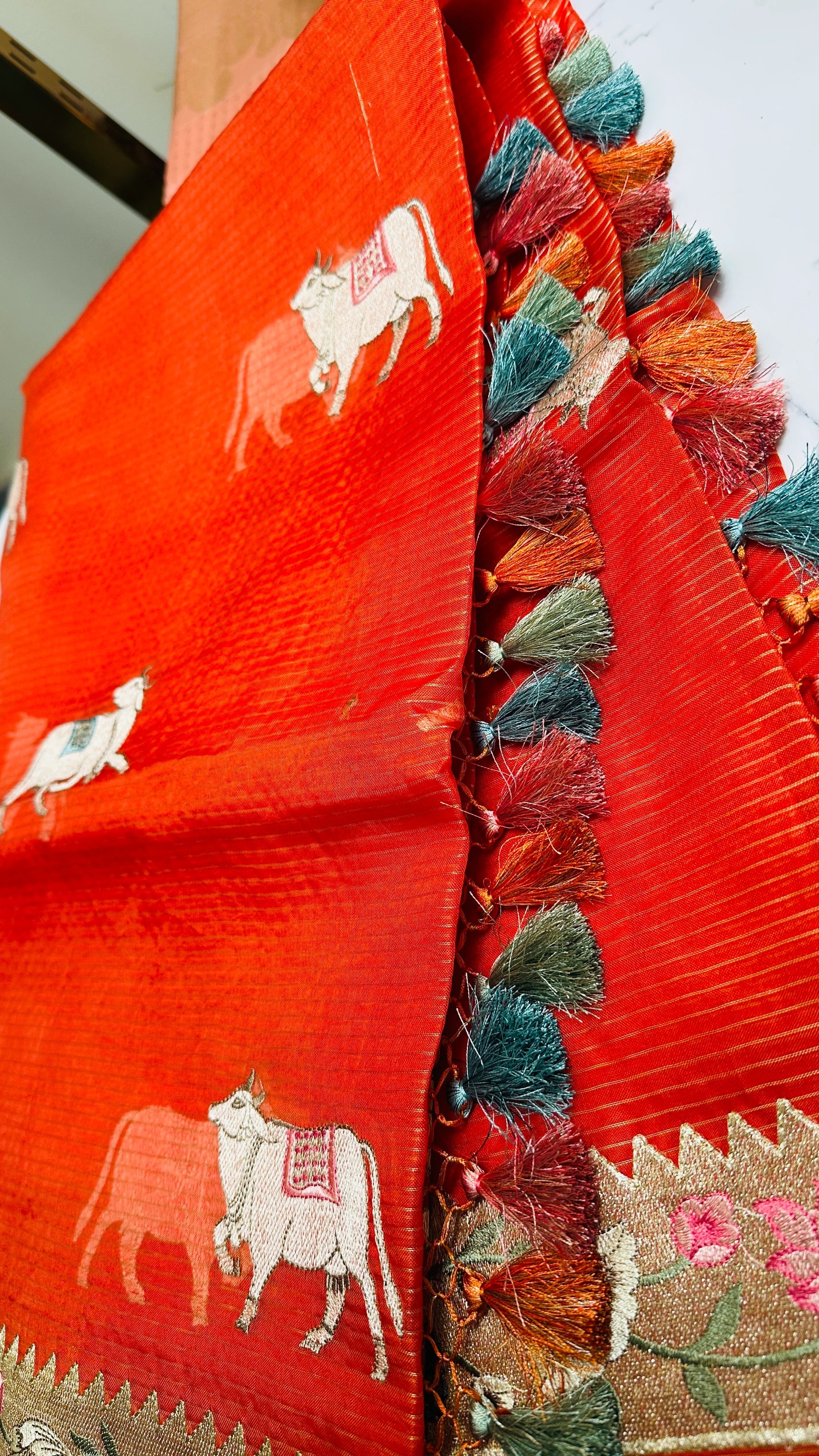 Stunning Dark Orange Organza Lines Floral Embroidery Saree