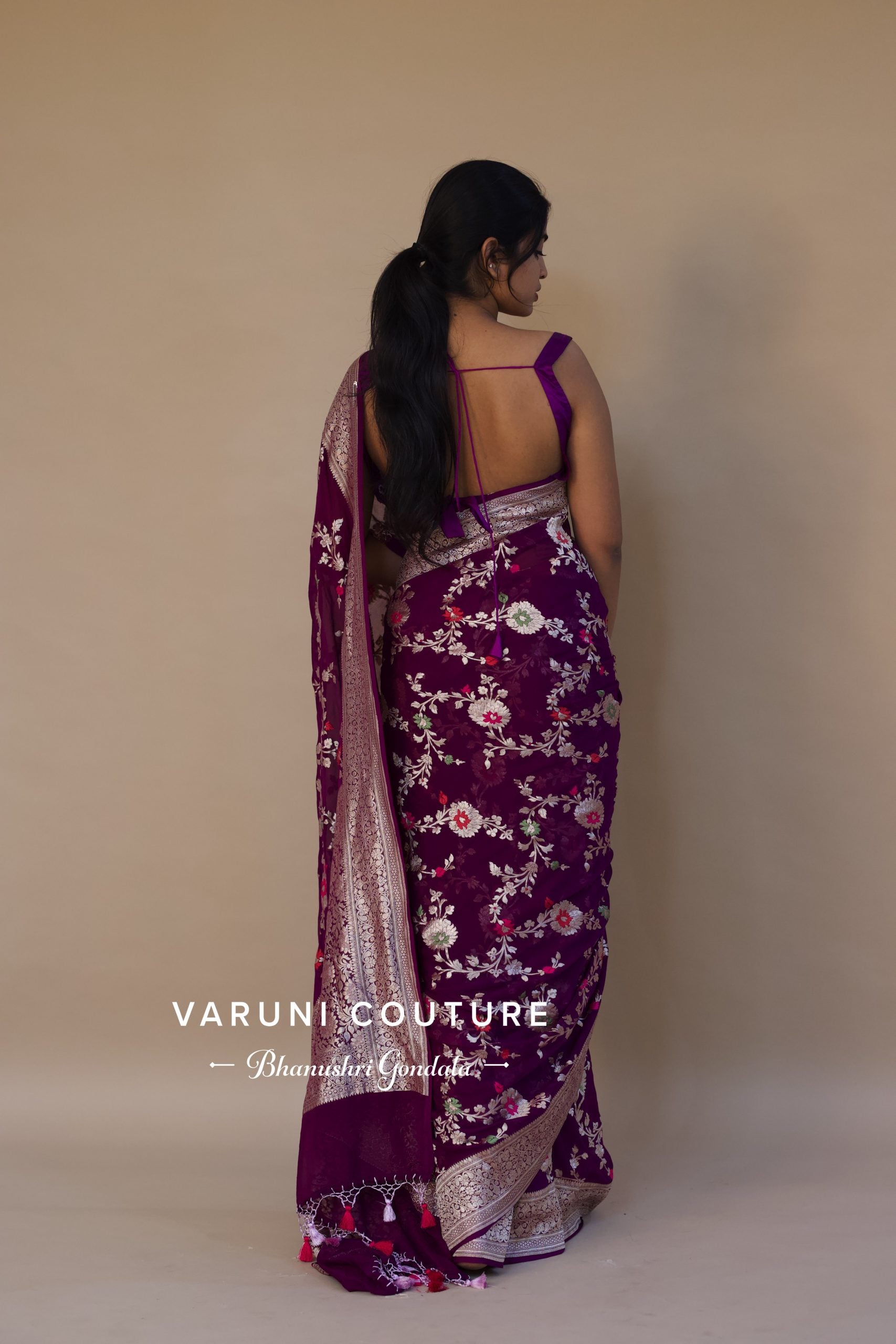 Purple Meena Floral Banarasi Georgette Saree - Handmade Saree Outfit