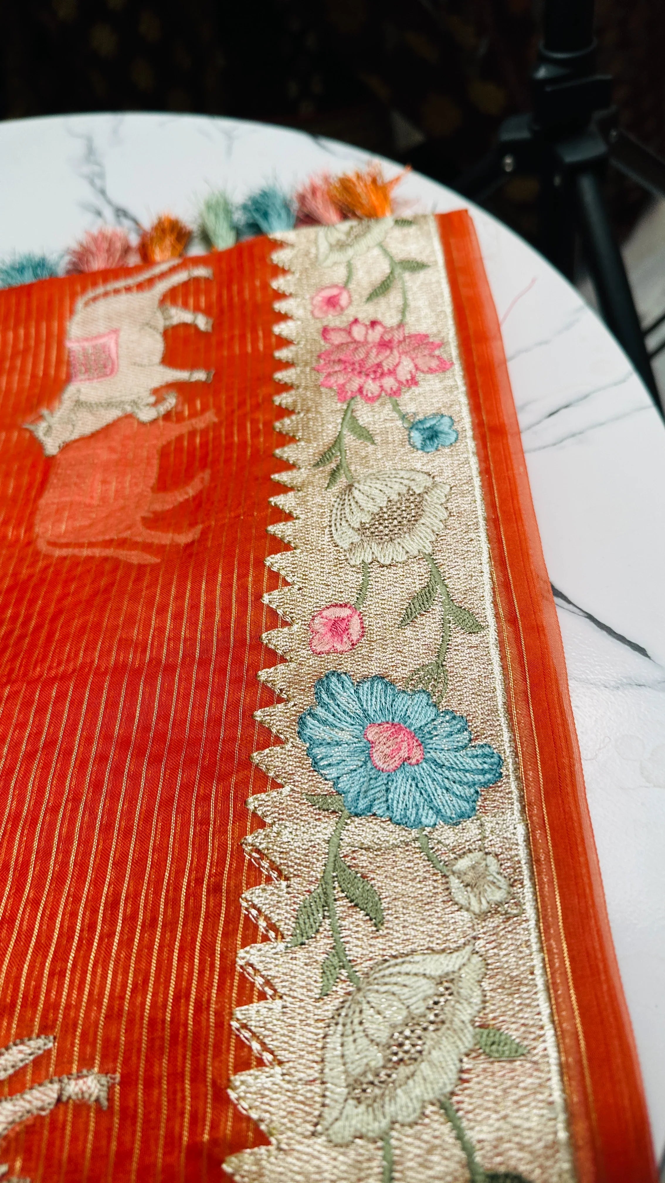 Stunning Dark Orange Organza Lines Floral Embroidery Saree