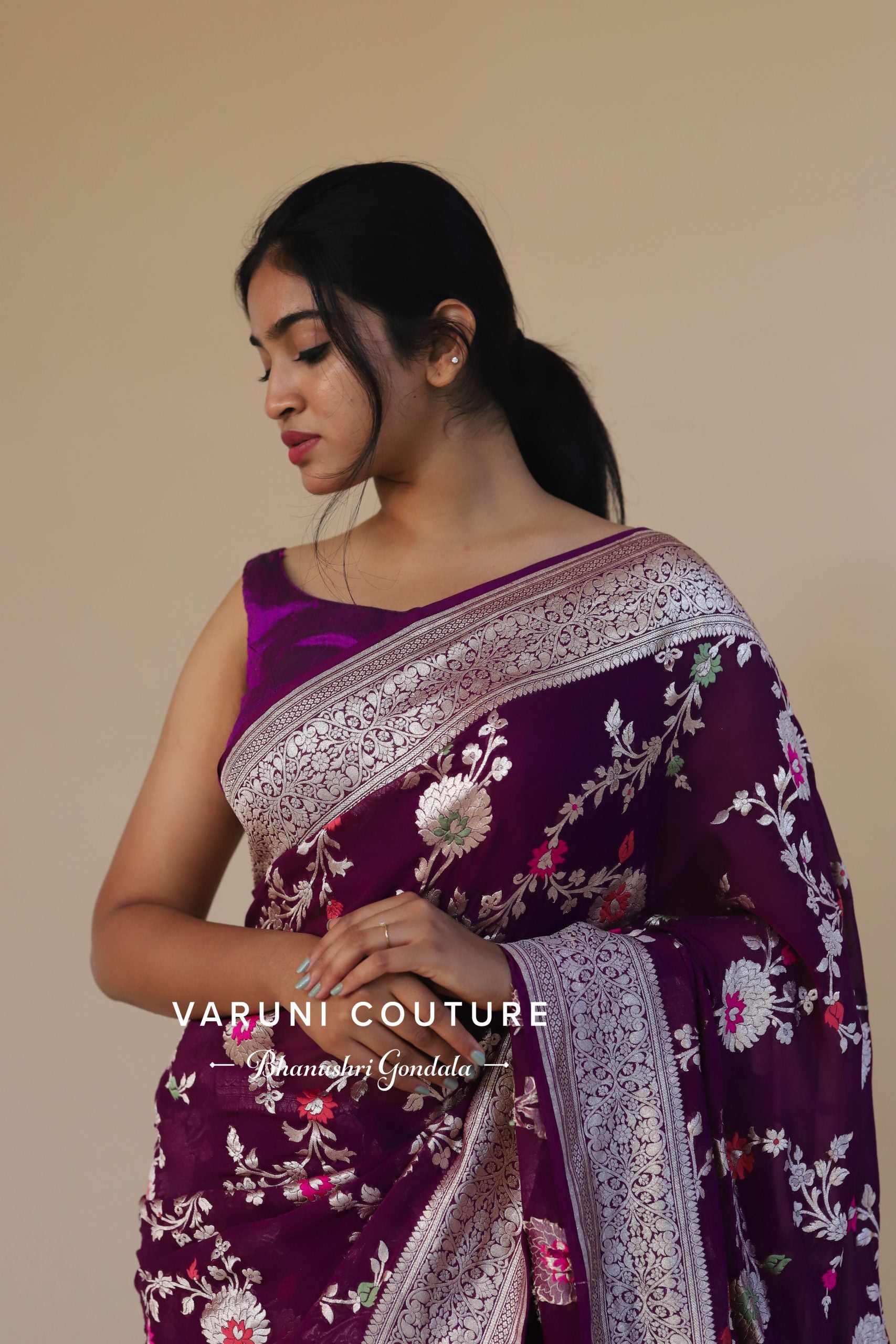 Purple Meena Floral Banarasi Georgette Saree - Handmade Saree Outfit