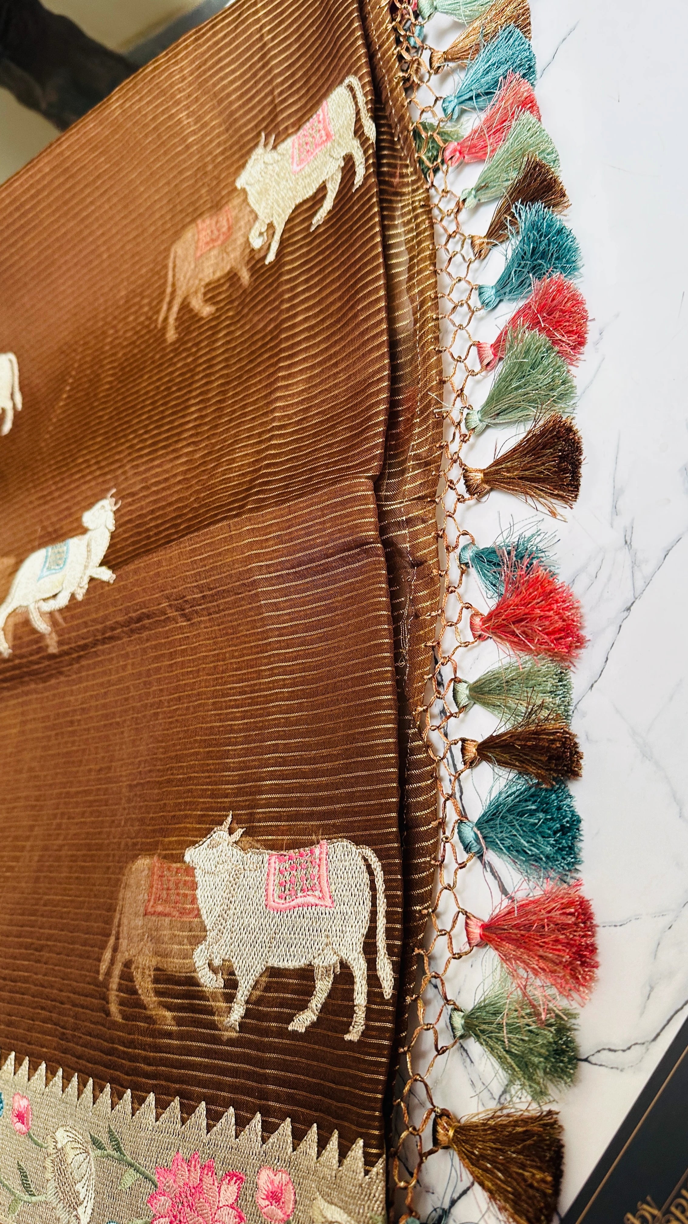 Earthy Brown Organza Lines Floral Embroidery Saree