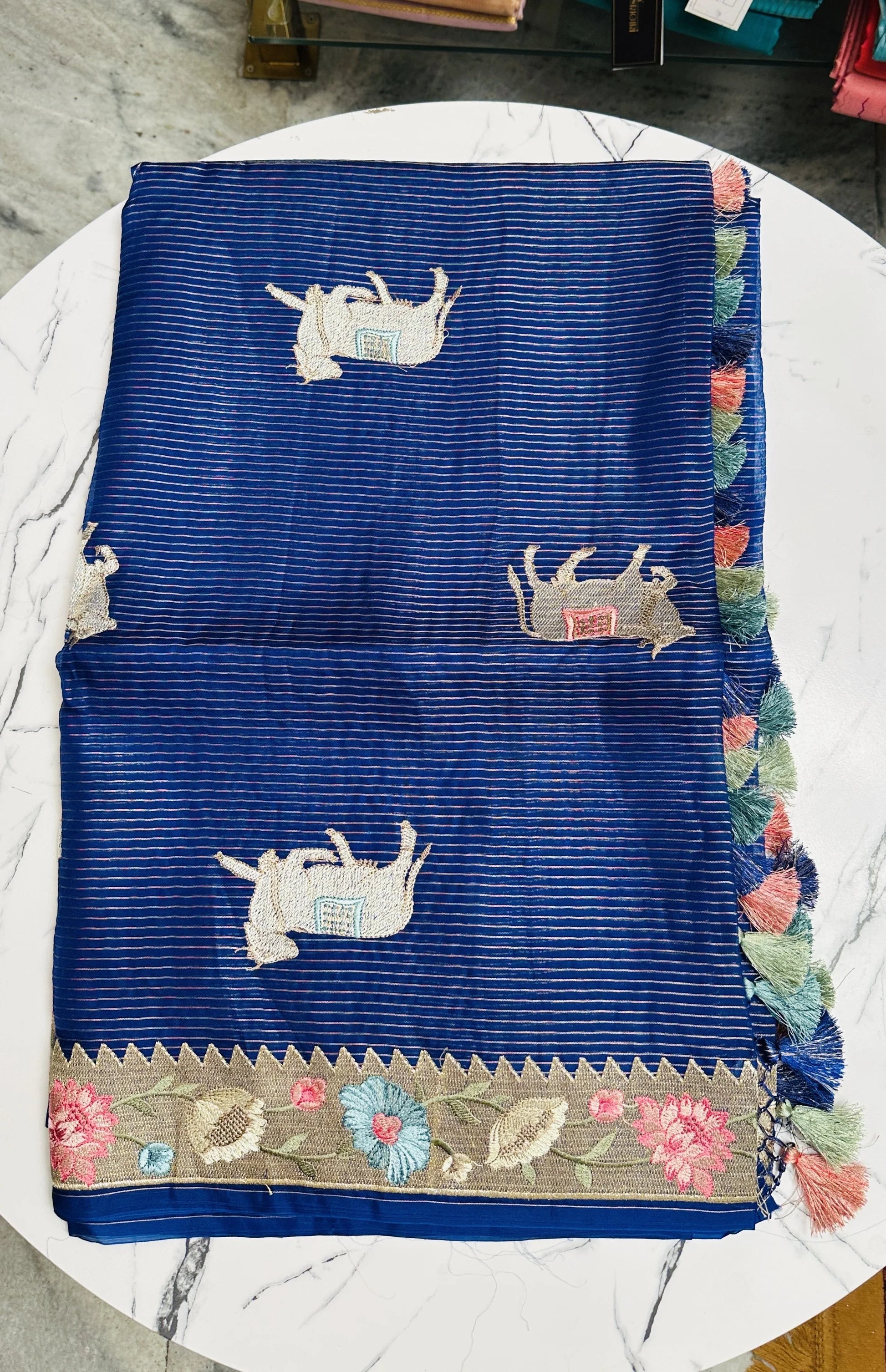 Exquisite Dark Blue Organza Lines Floral Embroidery Saree