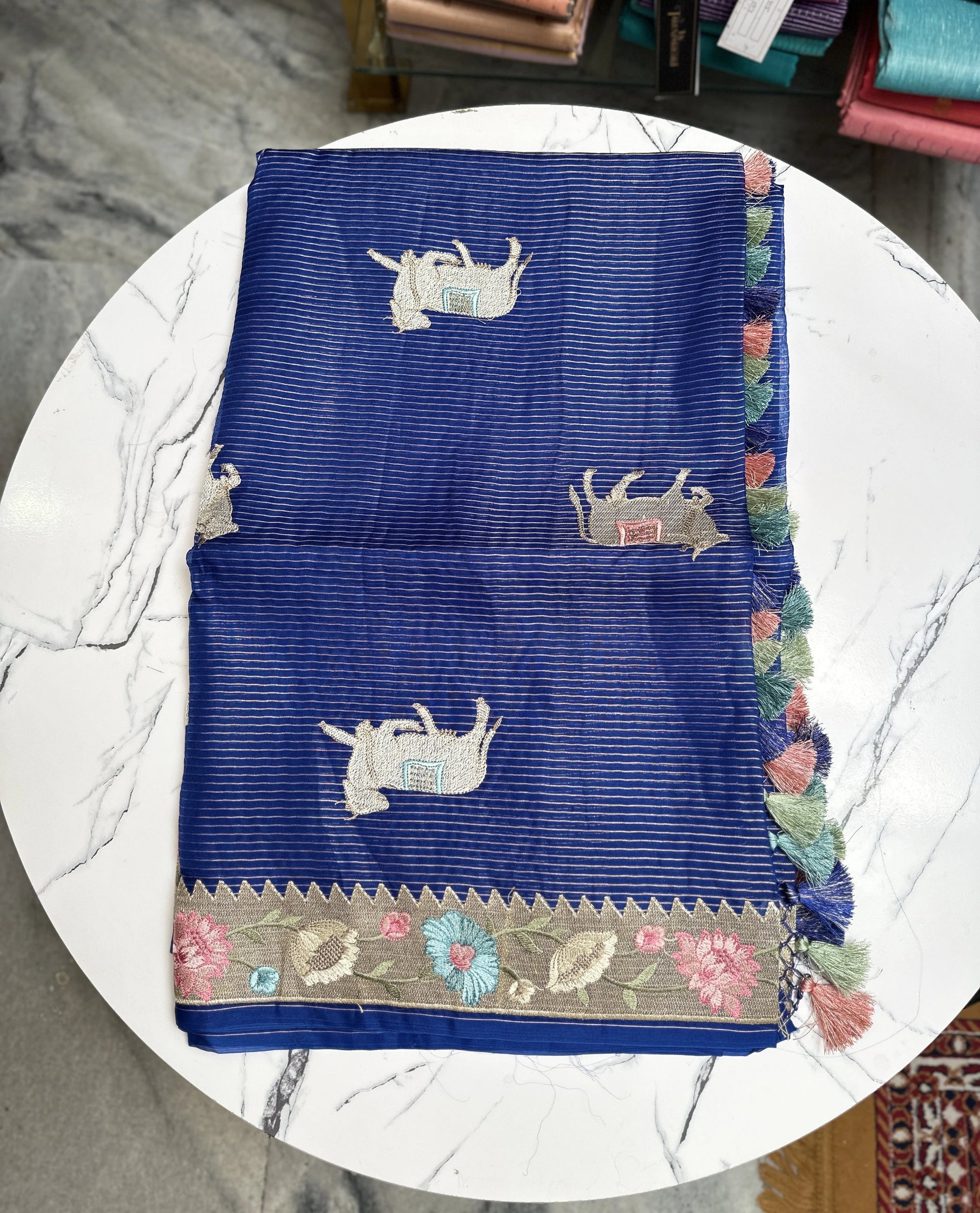 Exquisite Dark Blue Organza Lines Floral Embroidery Saree
