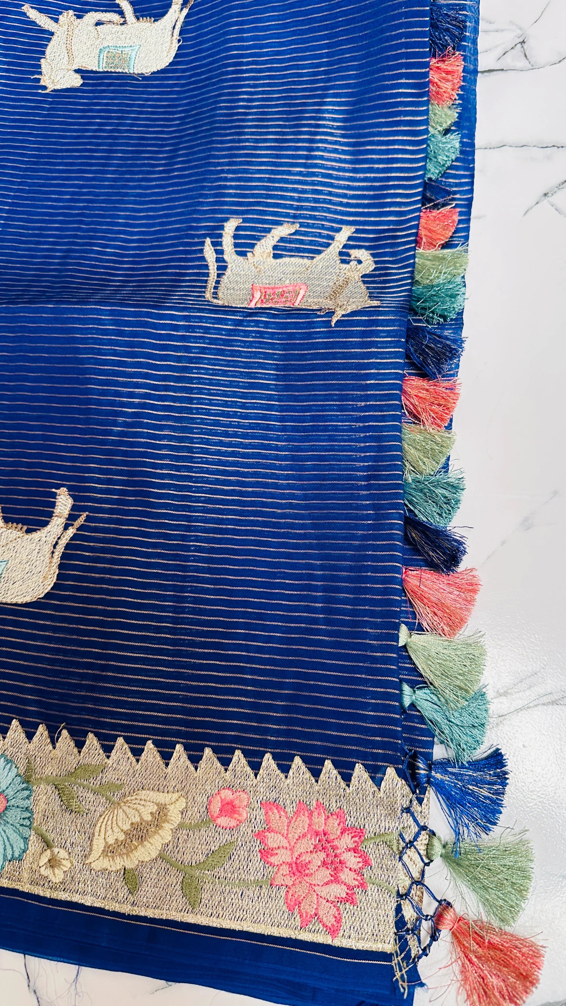Exquisite Dark Blue Organza Lines Floral Embroidery Saree