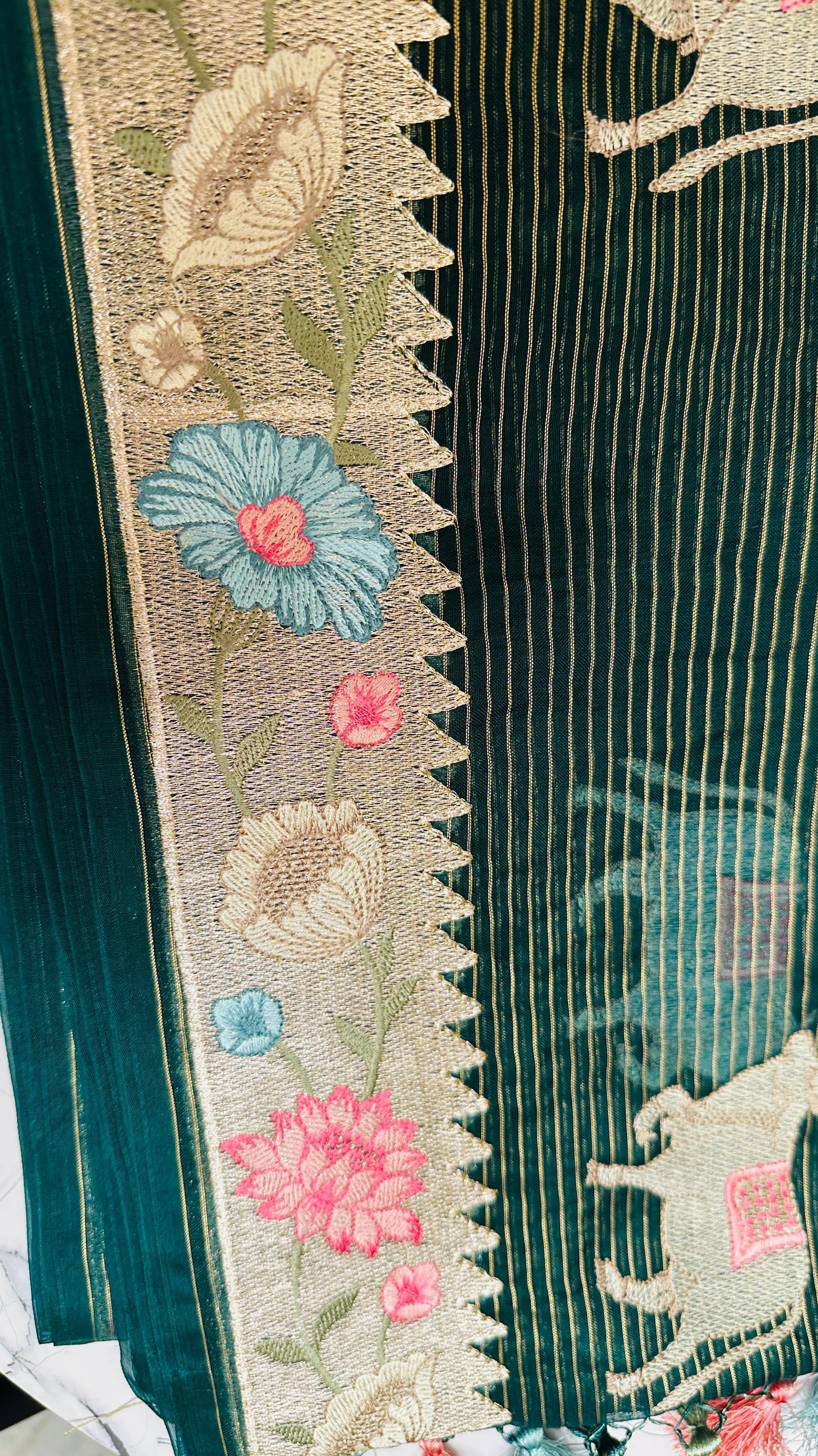Fresh Green Organza Lines Floral Embroidery Saree