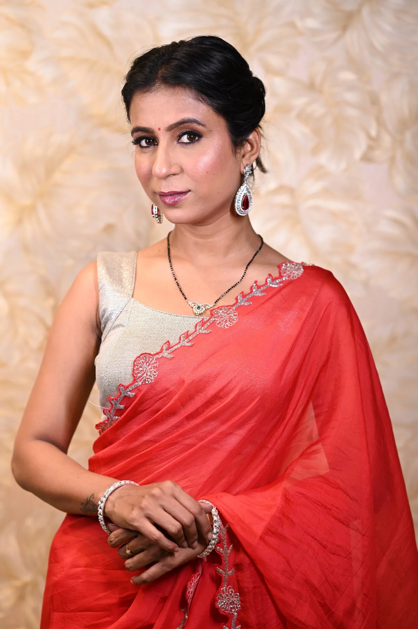 Exquisite Crimson Red Organza Designer Saree Hand Embroidery