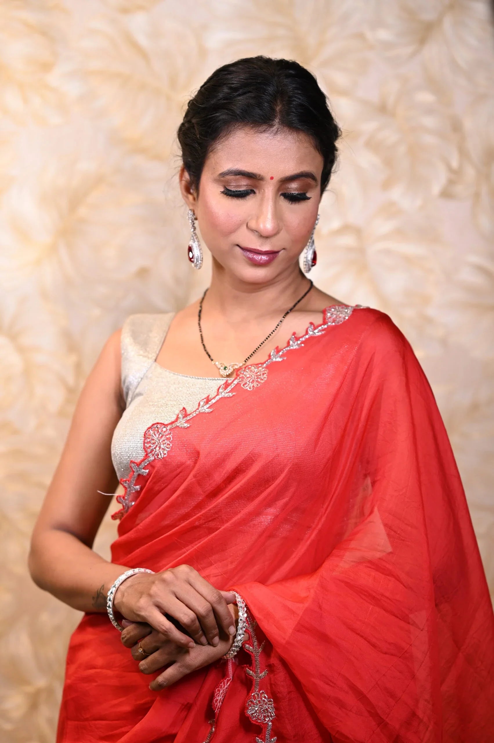 Exquisite Crimson Red Organza Designer Saree Hand Embroidery