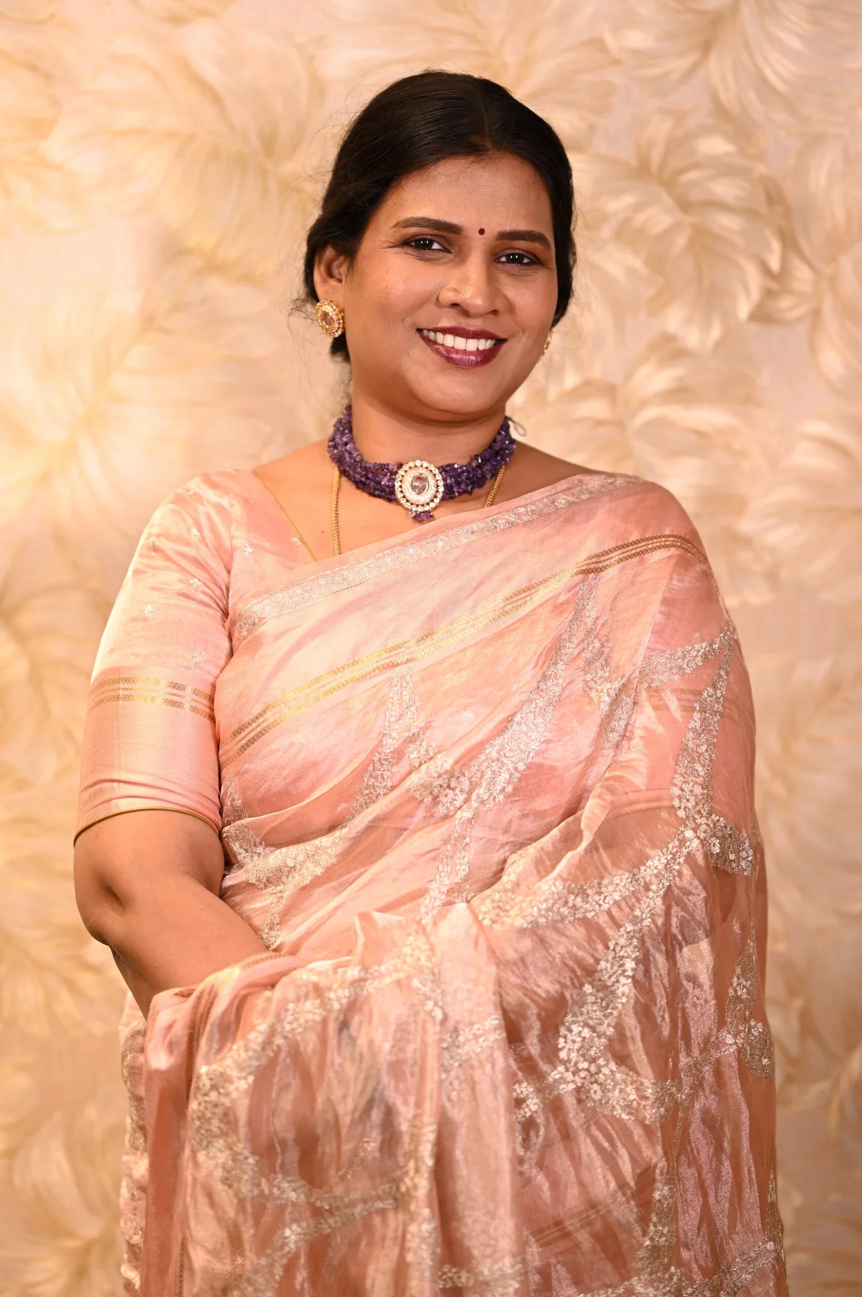 Charming Pink Peach Banaras Tissue Saree Silver Zari Embroidery