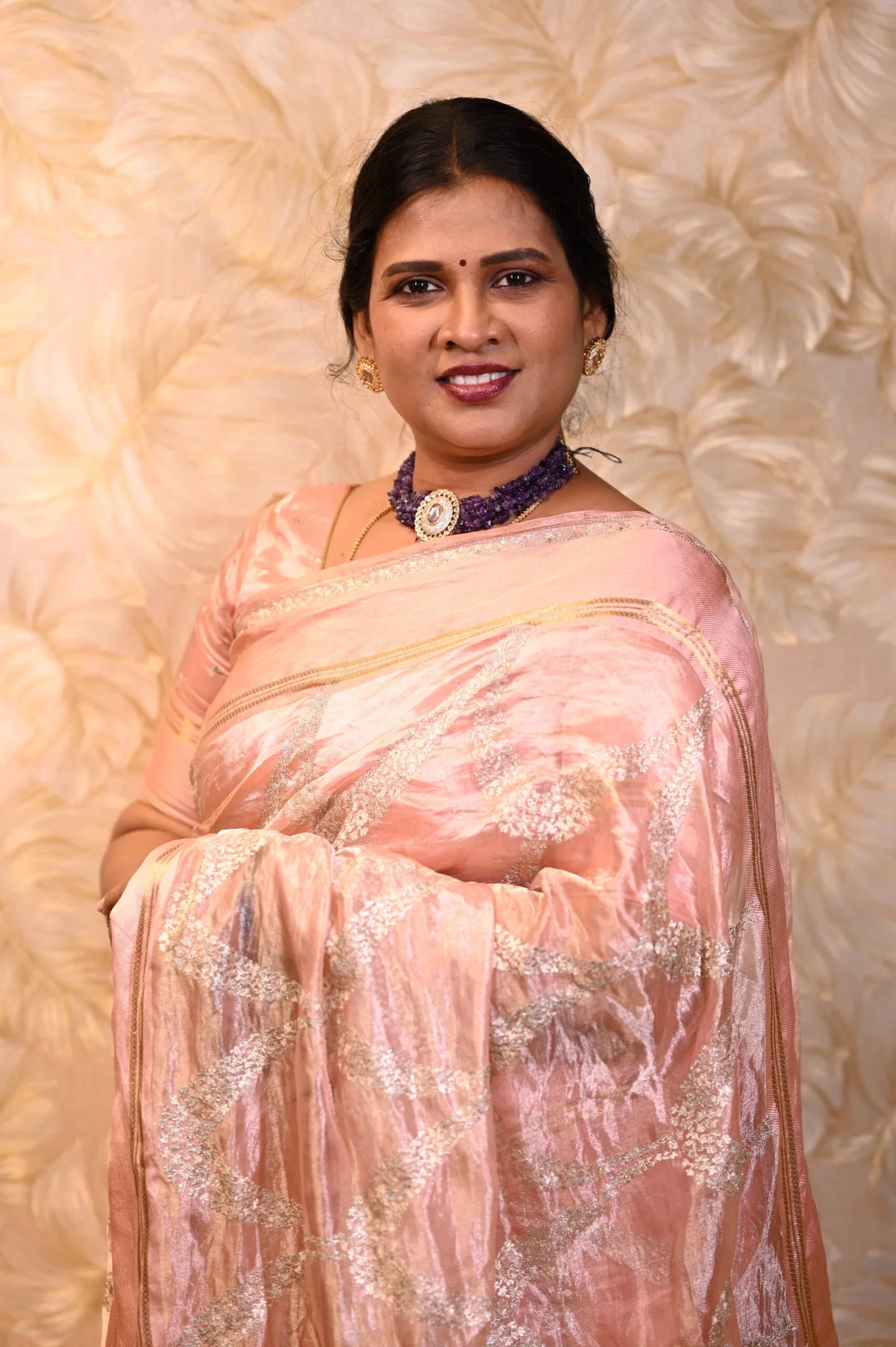 Charming Pink Peach Banaras Tissue Saree Silver Zari Embroidery