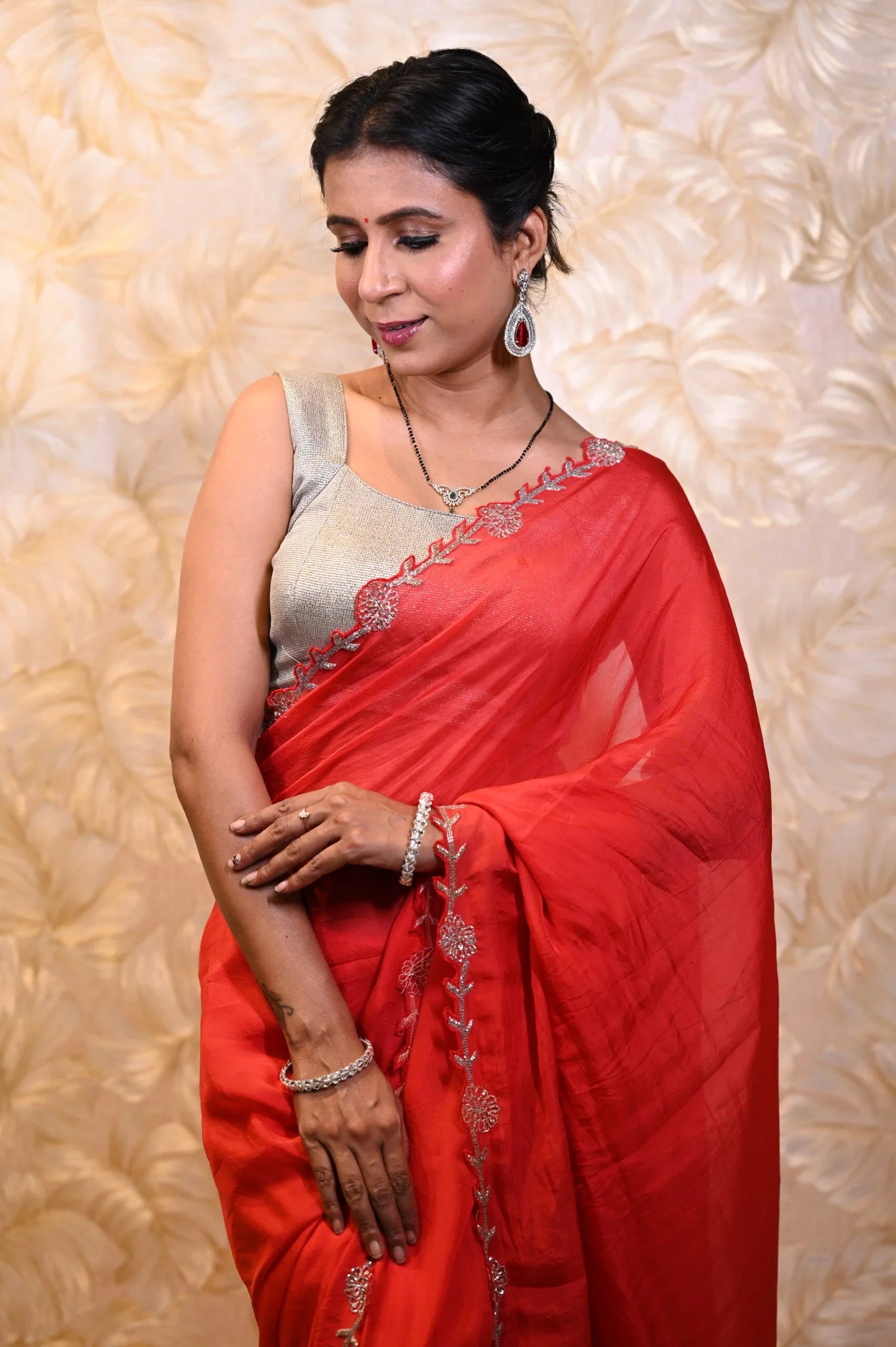 Exquisite Crimson Red Organza Designer Saree Hand Embroidery