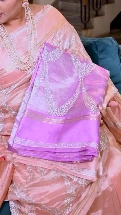 Elegant Grey Banaras Tissue Saree Silver Zari Embroidery